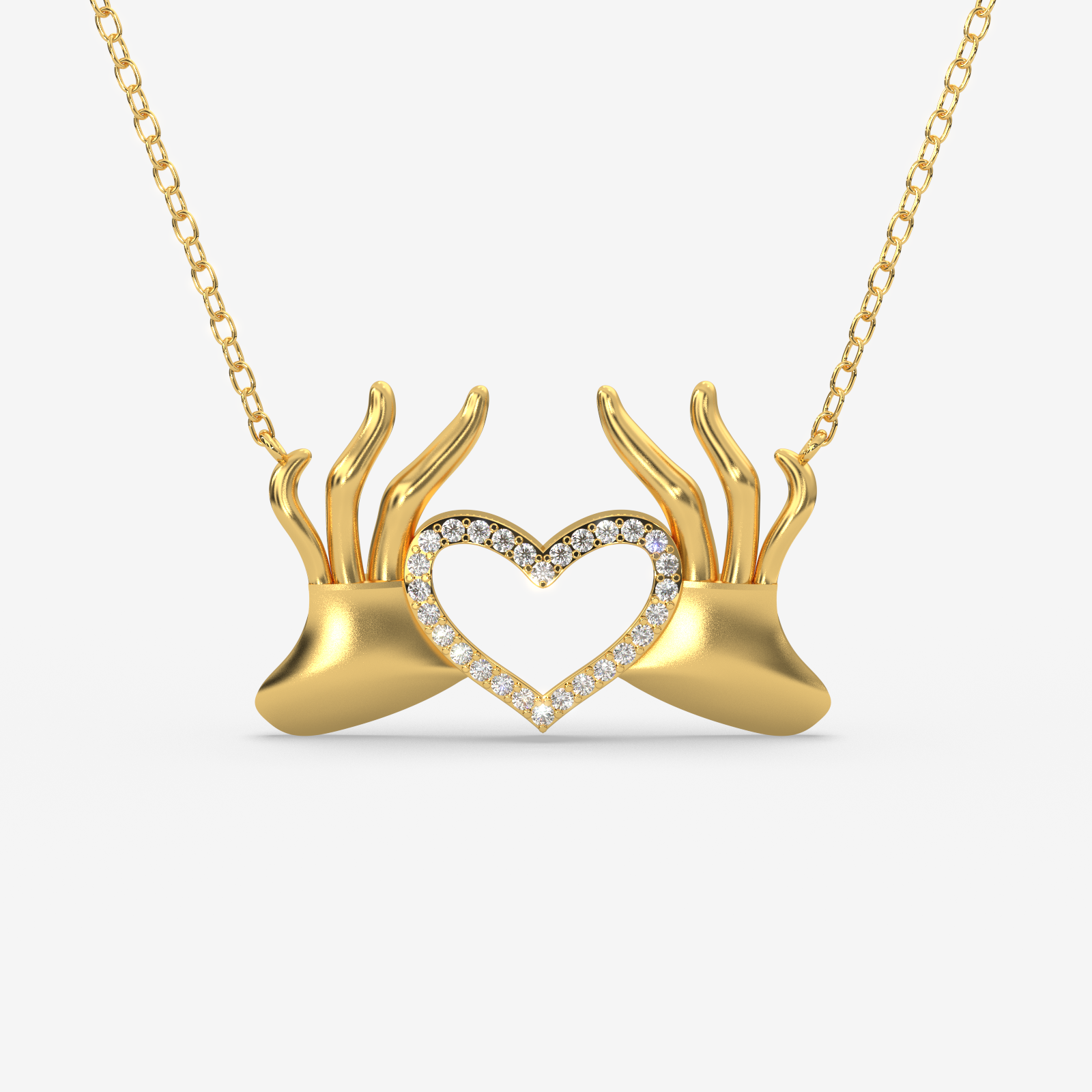 18K Gold Hand Heart Necklace - Diamond Pave Love Hands Pendant