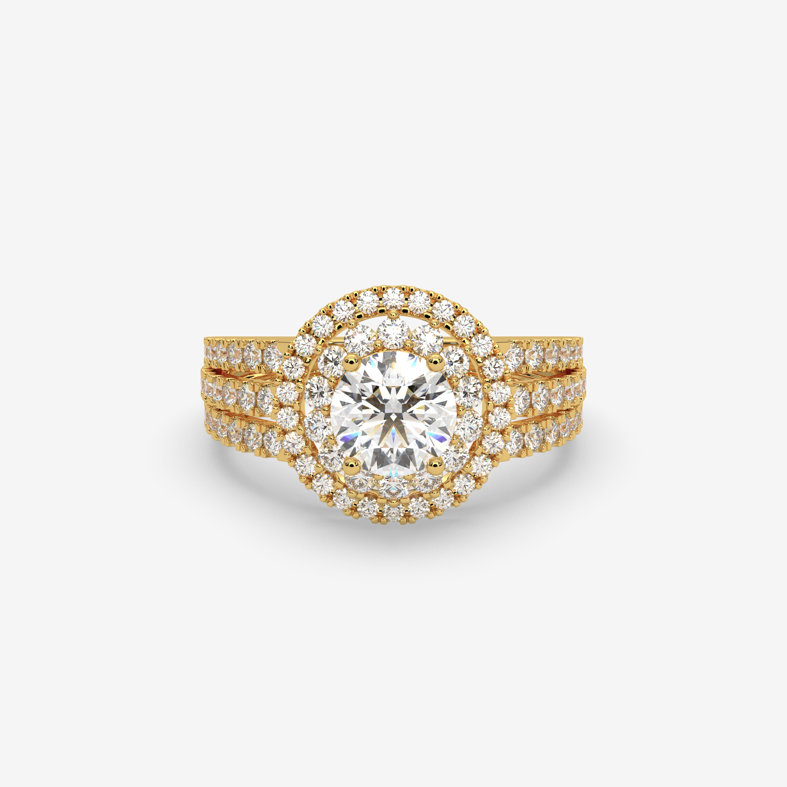 18K Gold Double Halo Diamond Engagement Ring | Round Cut Split Shank Bridal