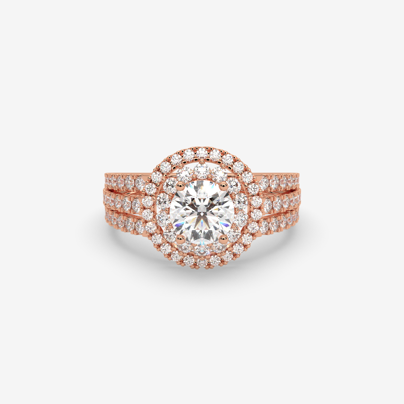 18K Gold Double Halo Diamond Engagement Ring | Round Cut Split Shank Bridal