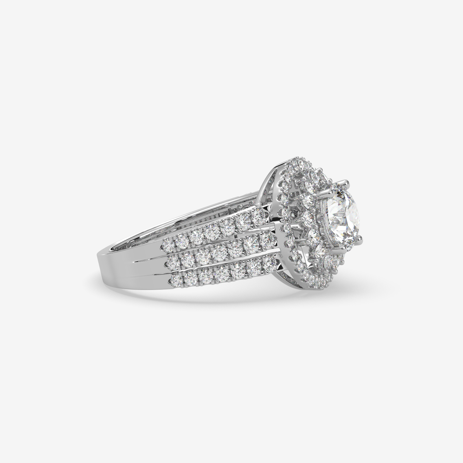 18K Gold Double Halo Diamond Engagement Ring | Round Cut Split Shank Bridal