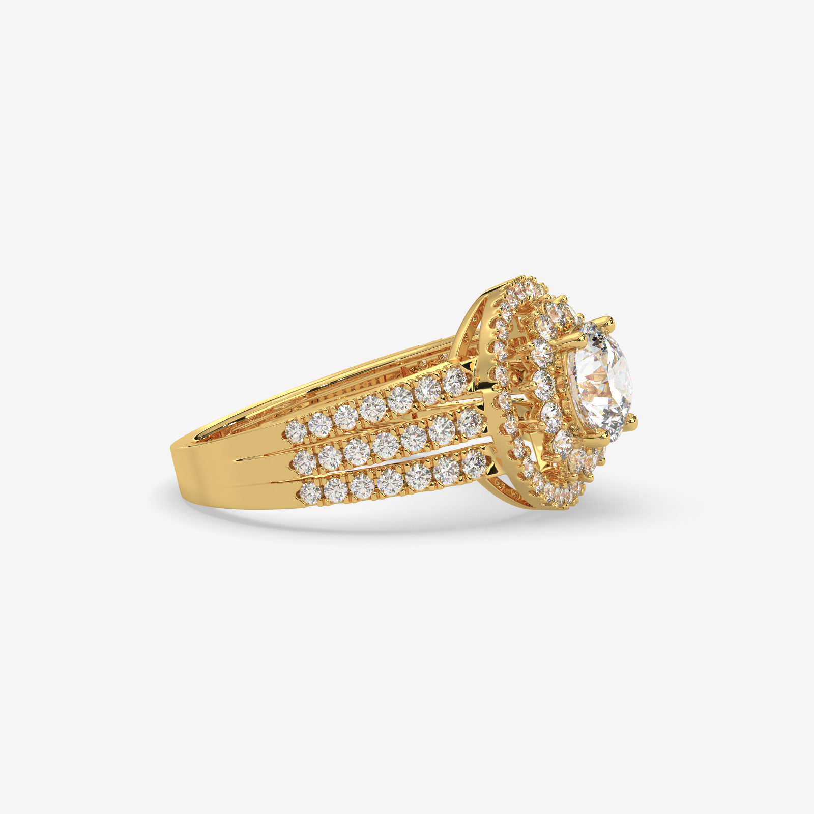 18K Gold Double Halo Diamond Engagement Ring | Round Cut Split Shank Bridal