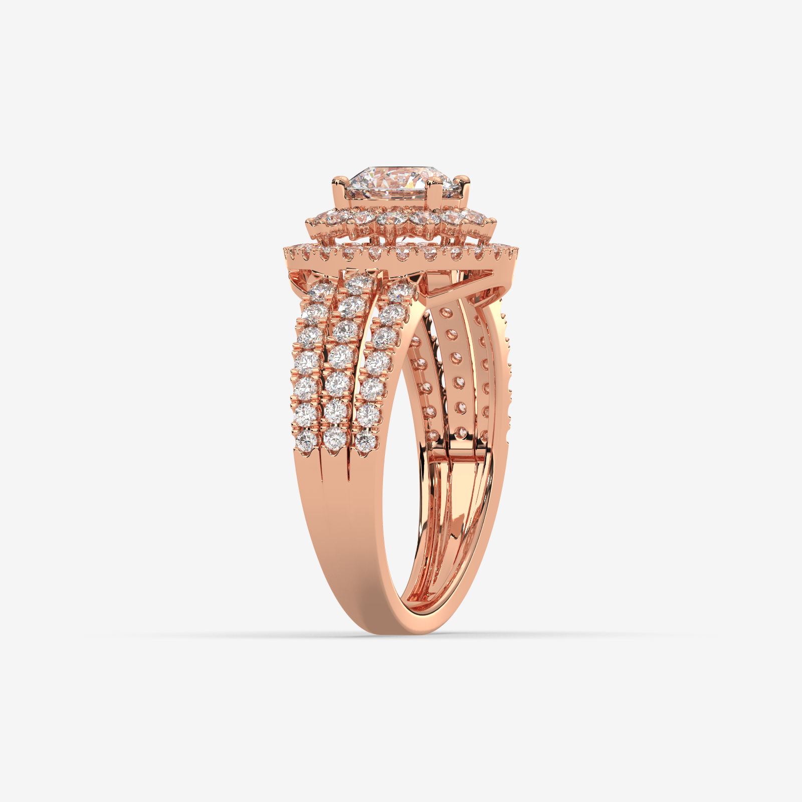 18K Gold Double Halo Diamond Engagement Ring | Round Cut Split Shank Bridal