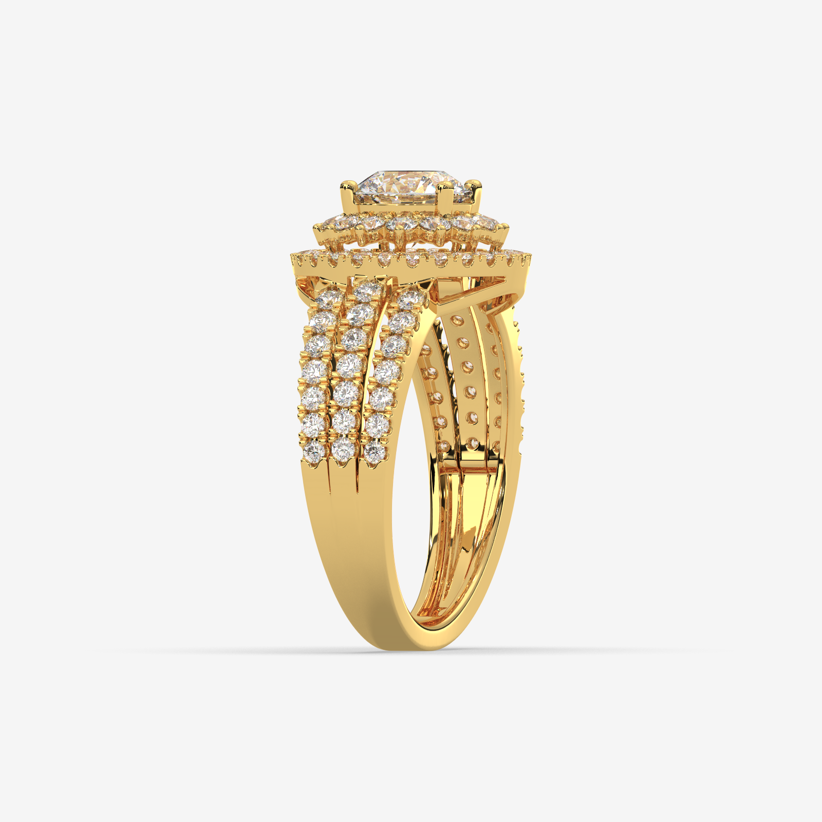 18K Gold Double Halo Diamond Engagement Ring | Round Cut Split Shank Bridal