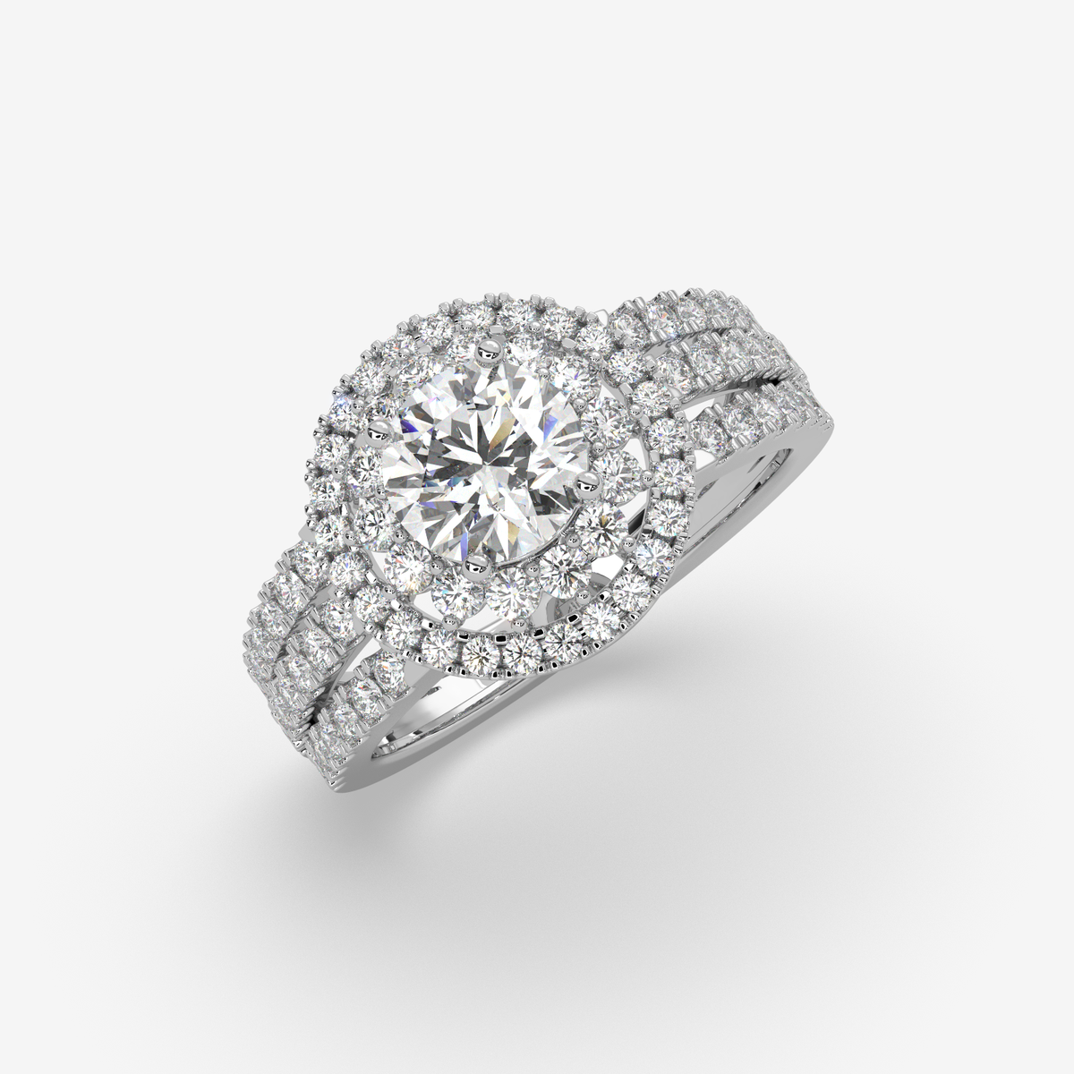 18K Gold Double Halo Diamond Engagement Ring | Round Cut Split Shank B