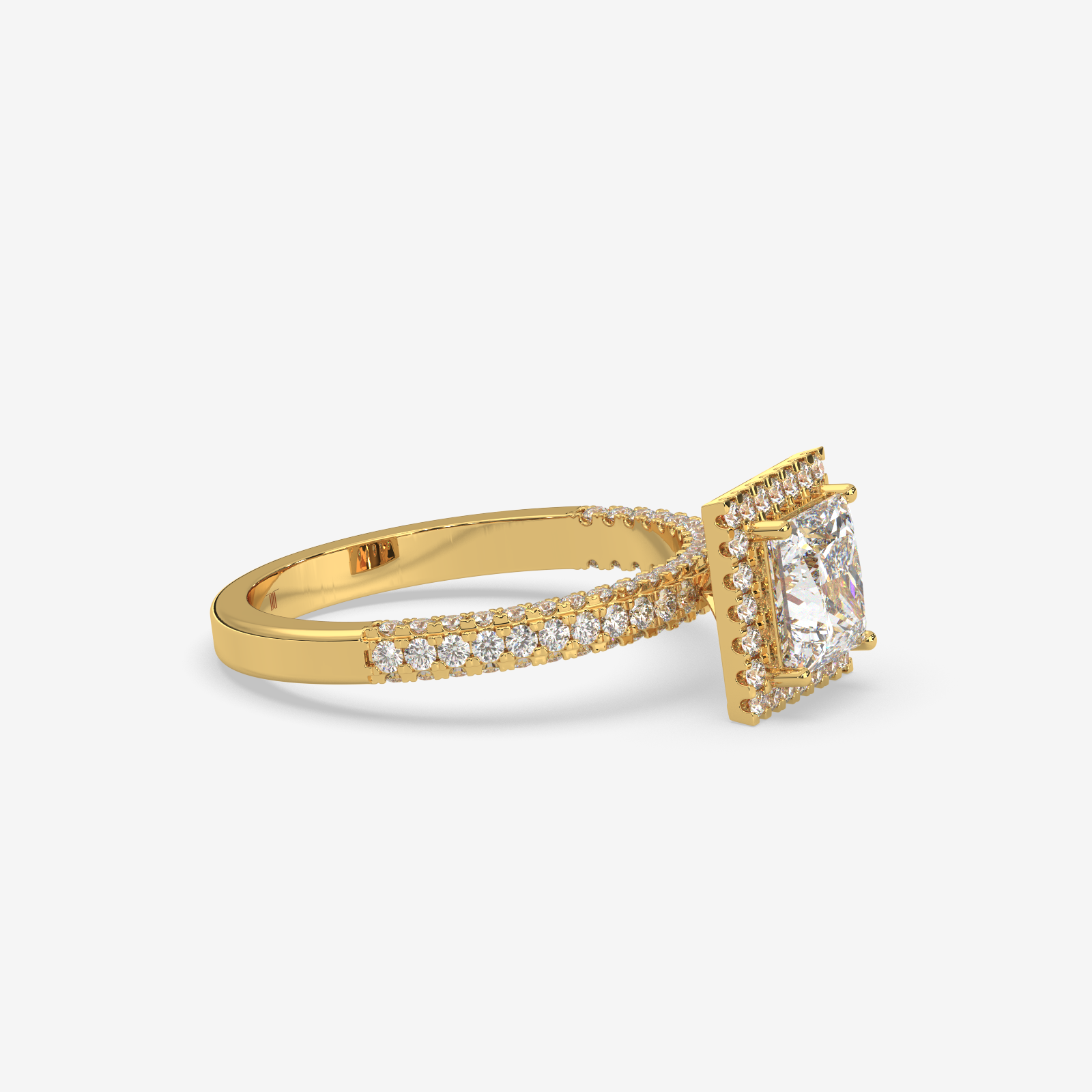 Solid Gold Princess Cut Halo Diamond Engagement Ring | Classic Pave Diamond Band