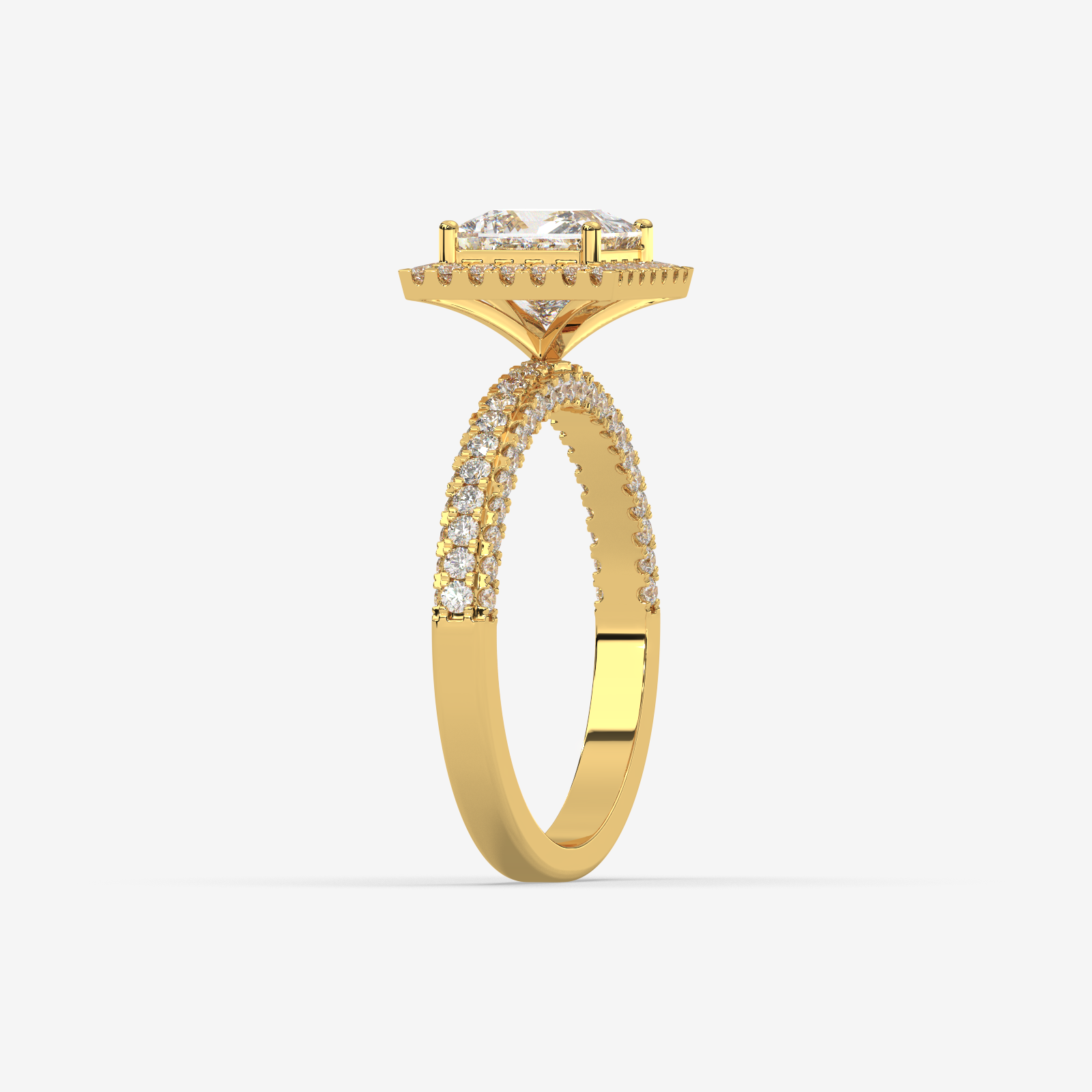 Solid Gold Princess Cut Halo Diamond Engagement Ring | Classic Pave Diamond Band