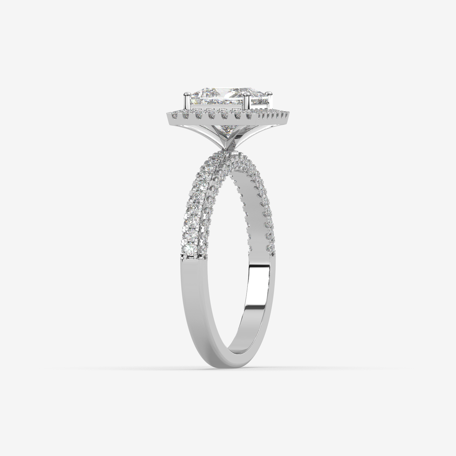 Solid Gold Princess Cut Halo Diamond Engagement Ring | Classic Pave Diamond Band