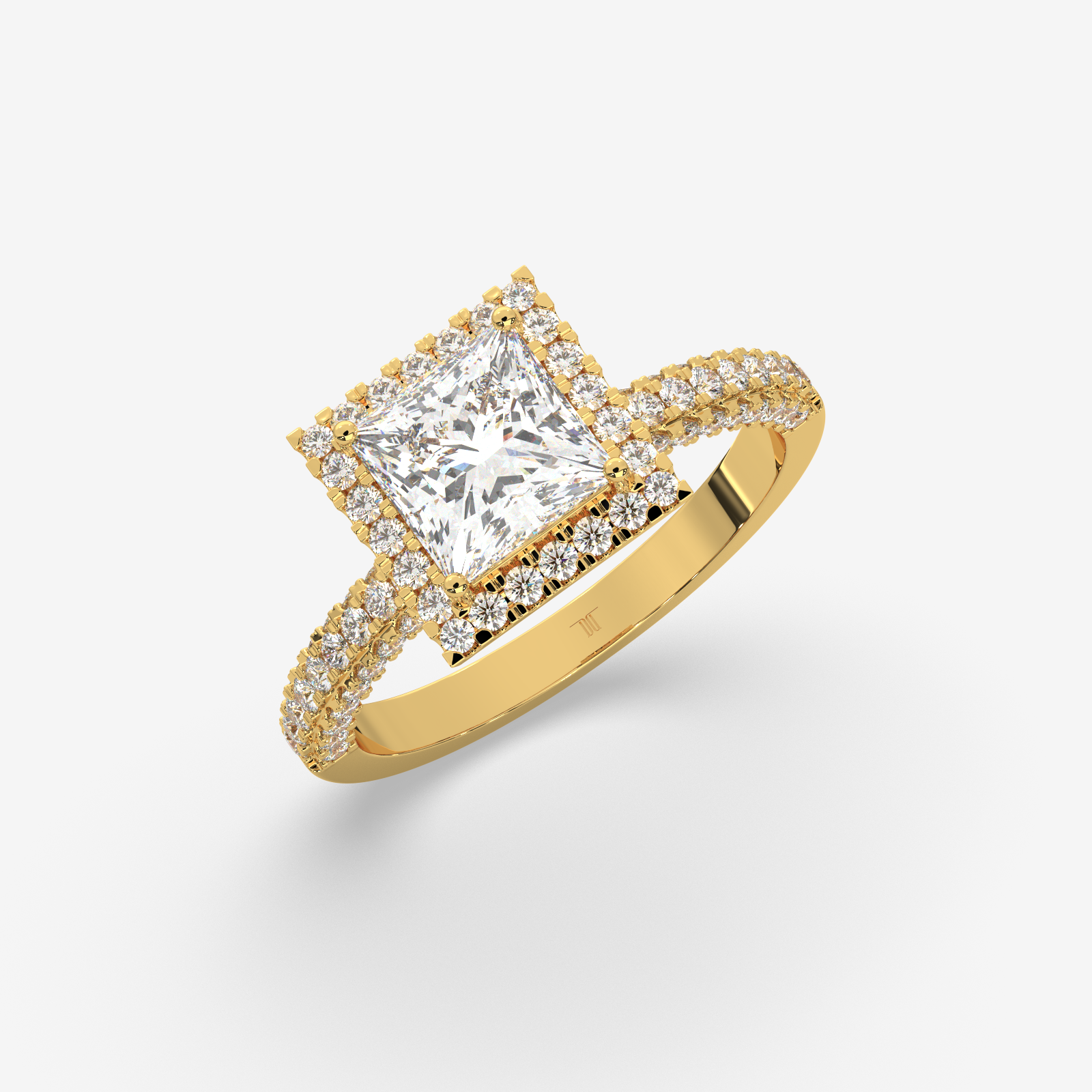Solid Gold Princess Cut Halo Diamond Engagement Ring | Classic Pave Diamond Band