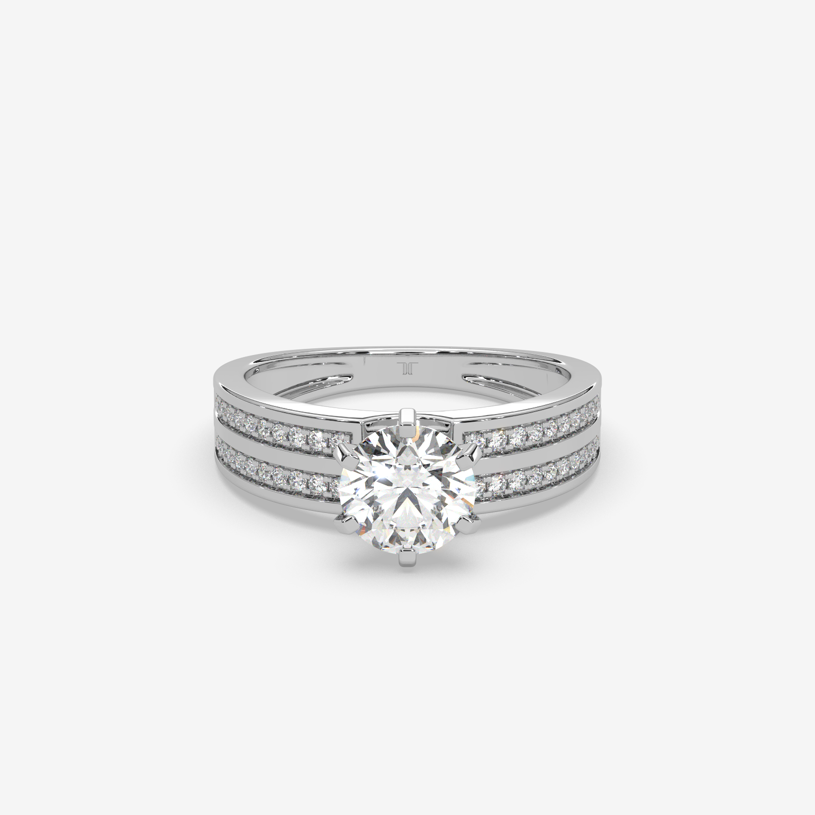 Solid Gold Round Cut Diamond Solitaire Engagement Ring | Triple Row Pave Band