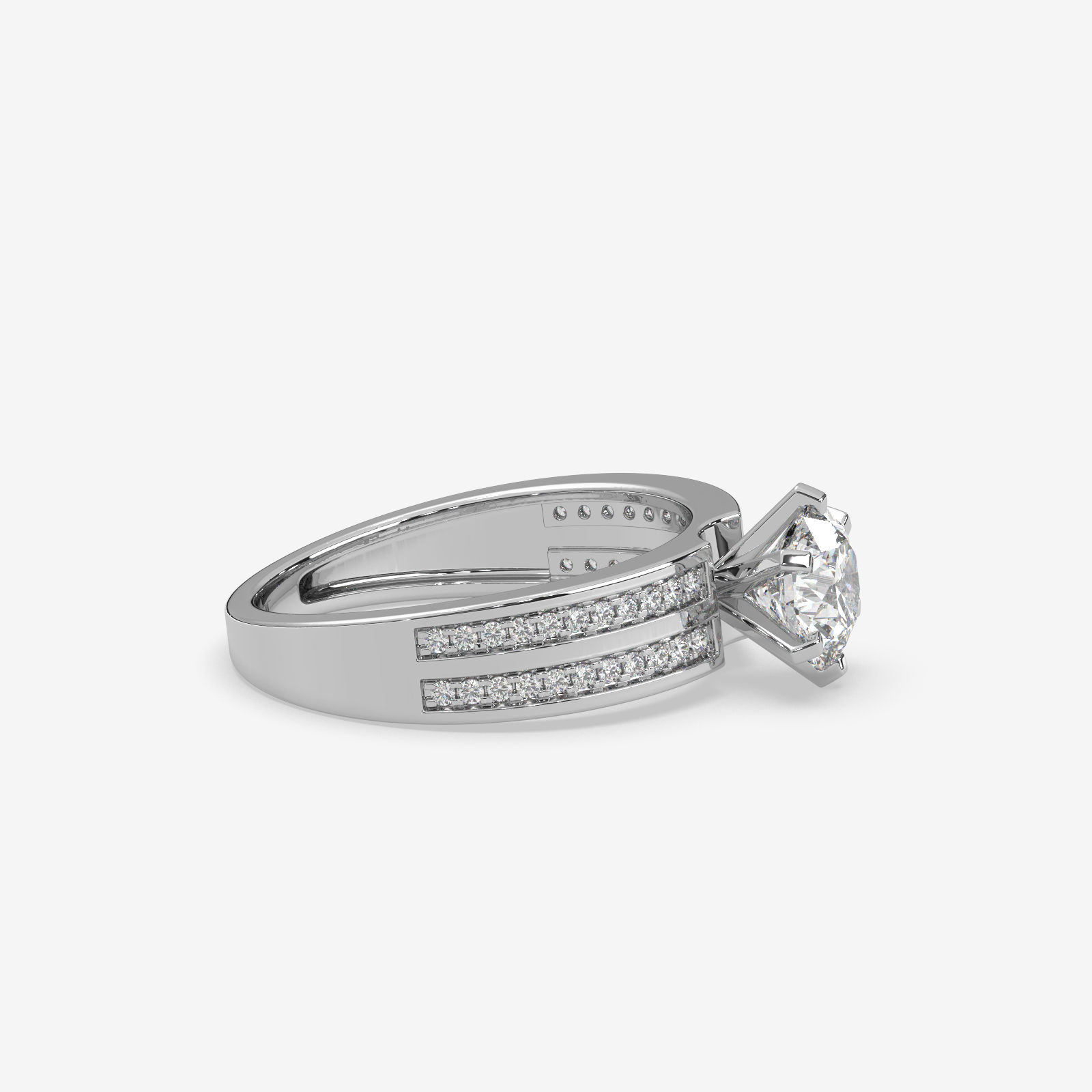 Solid Gold Round Cut Diamond Solitaire Engagement Ring | Triple Row Pave Band