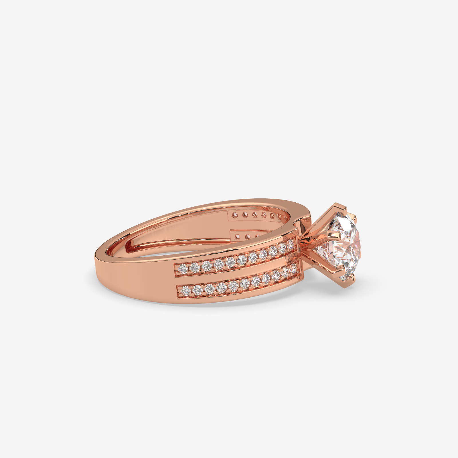 Solid Gold Round Cut Diamond Solitaire Engagement Ring | Triple Row Pave Band