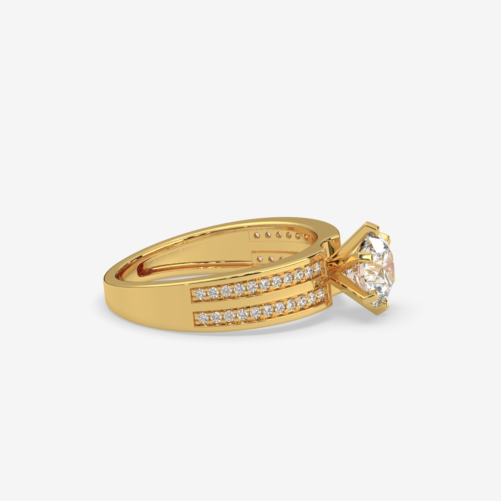 Solid Gold Round Cut Diamond Solitaire Engagement Ring | Triple Row Pave Band