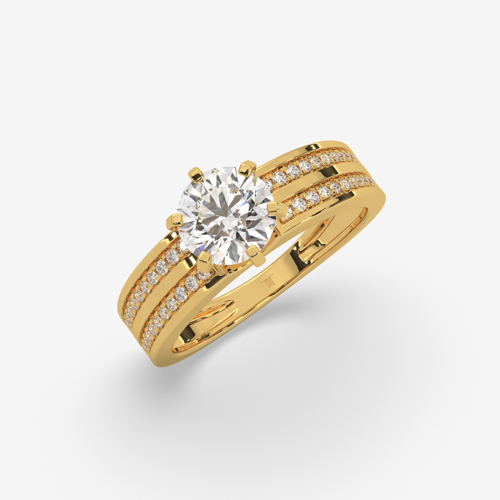Solid Gold Round Cut Diamond Solitaire Engagement Ring | Triple Row Pave Band