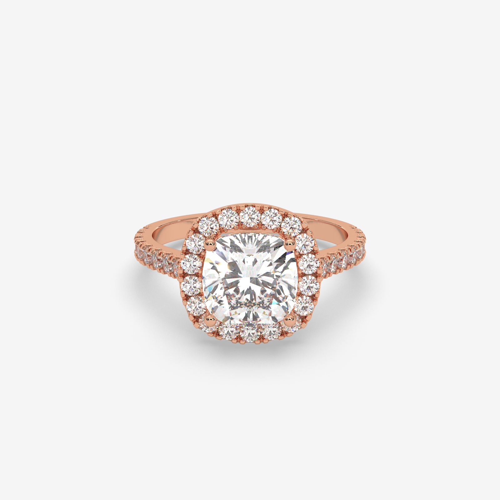Solid Gold Cushion Cut Diamond Halo Engagement Ring | Pave Set Band