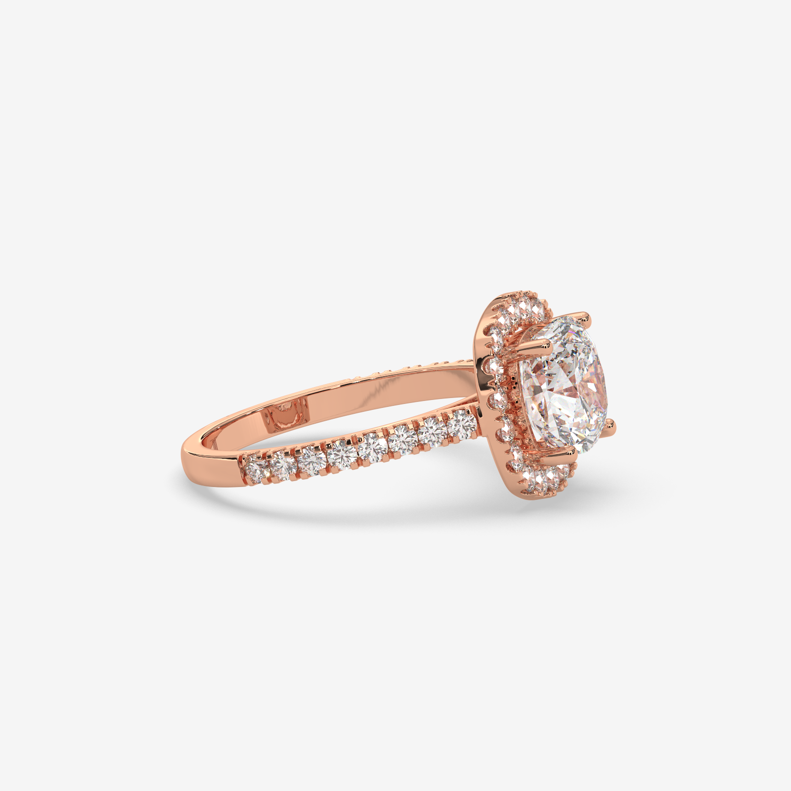 Solid Gold Cushion Cut Diamond Halo Engagement Ring | Pave Set Band