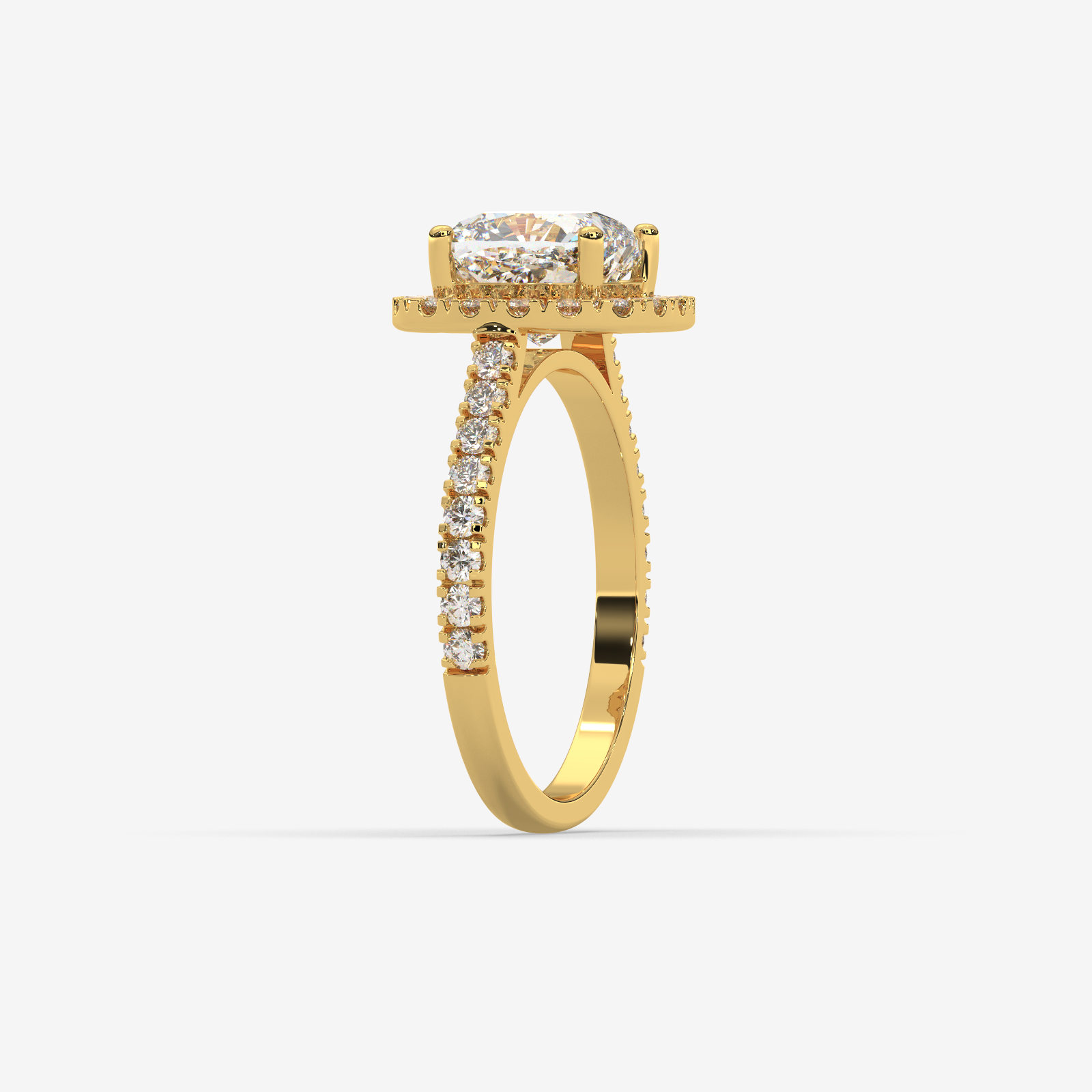 Solid Gold Cushion Cut Diamond Halo Engagement Ring | Pave Set Band