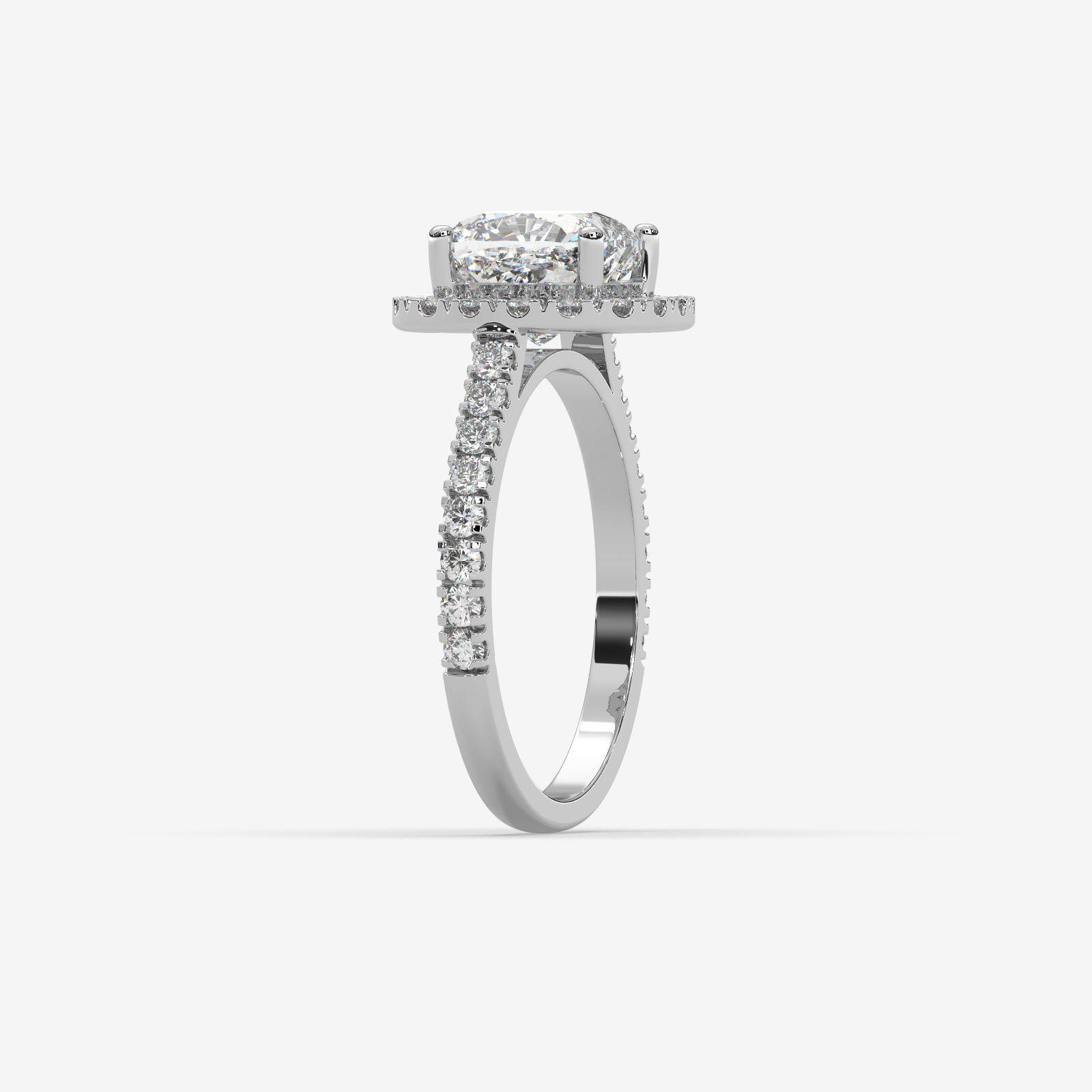 Solid Gold Cushion Cut Diamond Halo Engagement Ring | Pave Set Band
