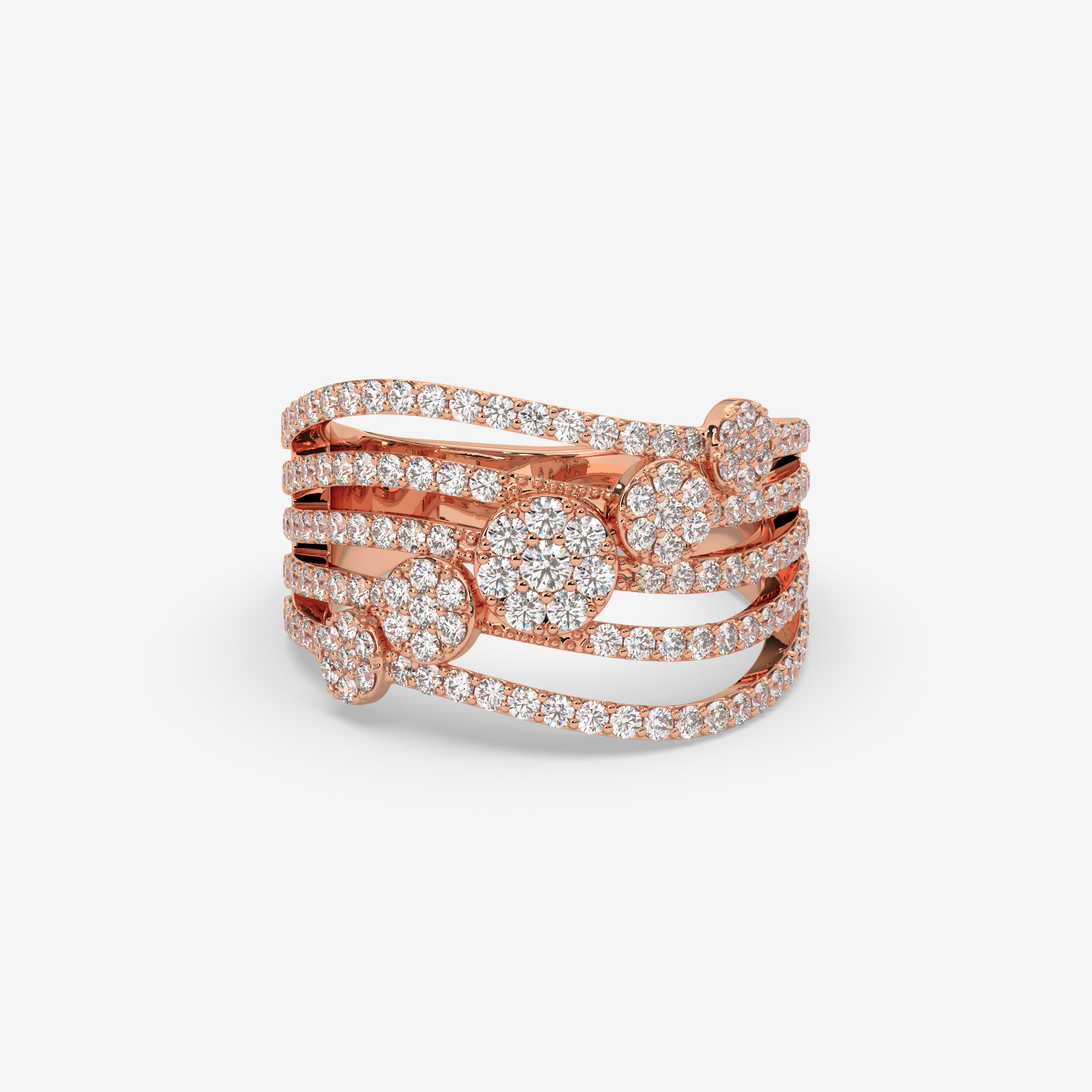 Solid Gold Multi-Row Diamond Cluster Statement Ring | 5-Band Stacked Wave Ring