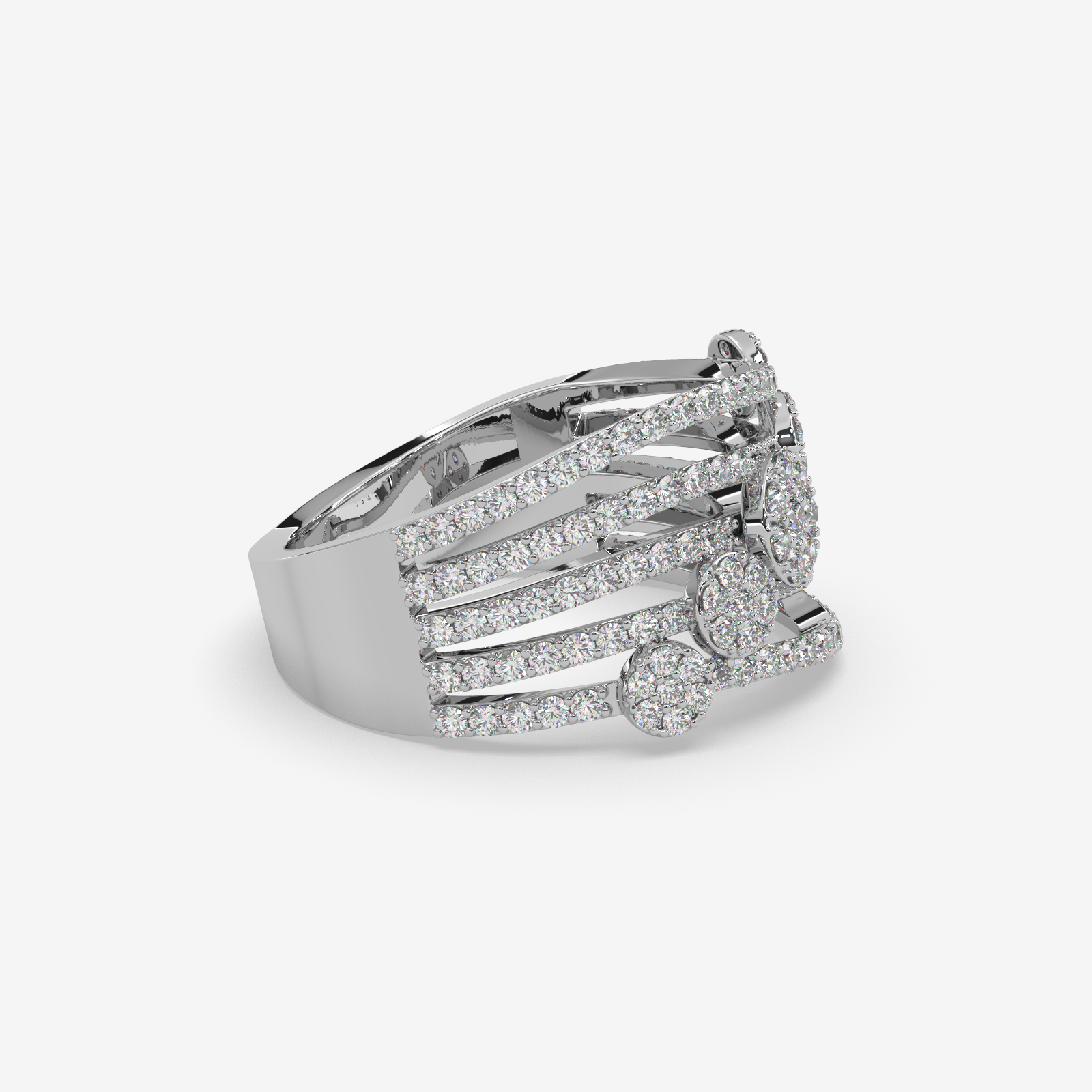 Solid Gold Multi-Row Diamond Cluster Statement Ring | 5-Band Stacked Wave Ring