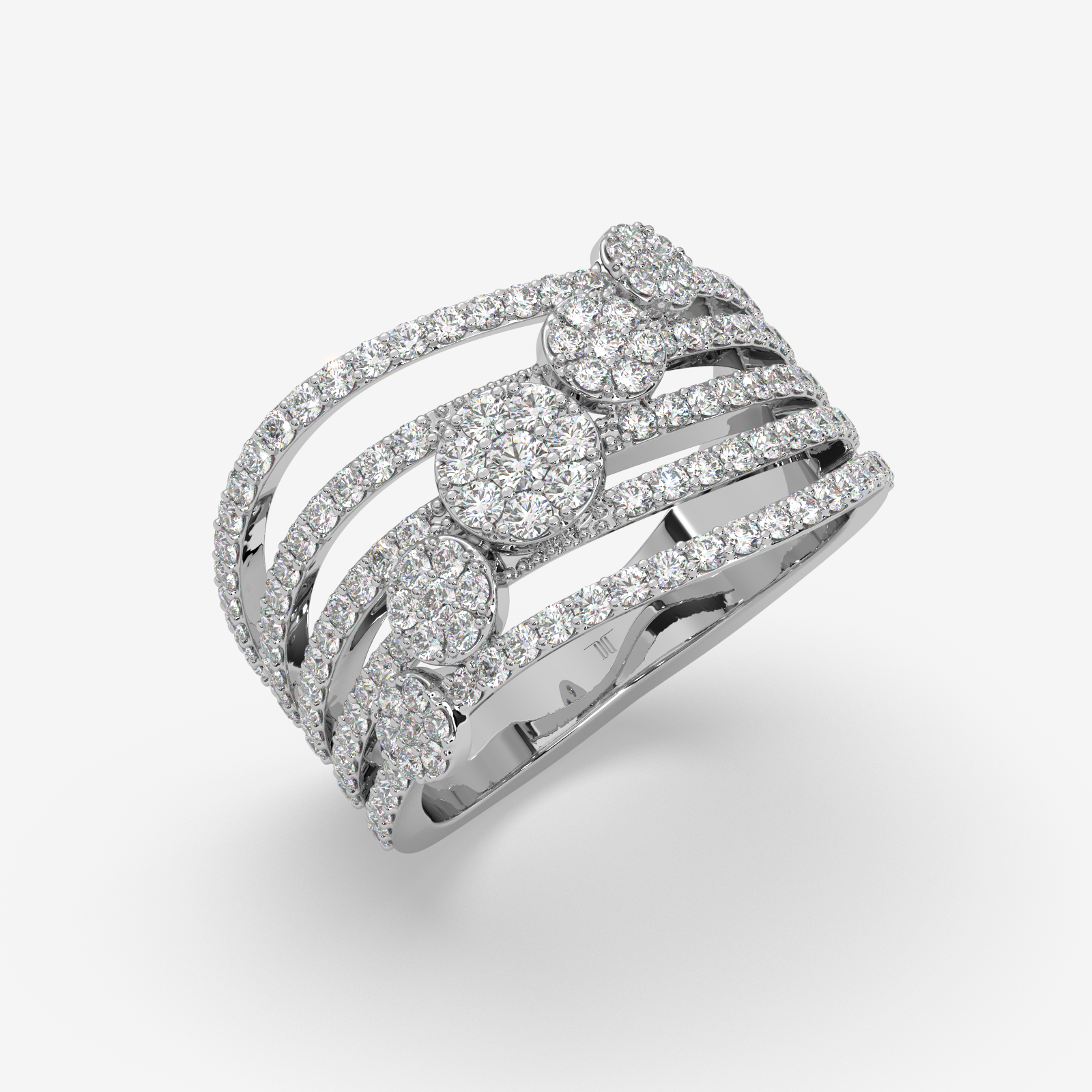 Solid Gold Multi-Row Diamond Cluster Statement Ring | 5-Band Stacked Wave Ring