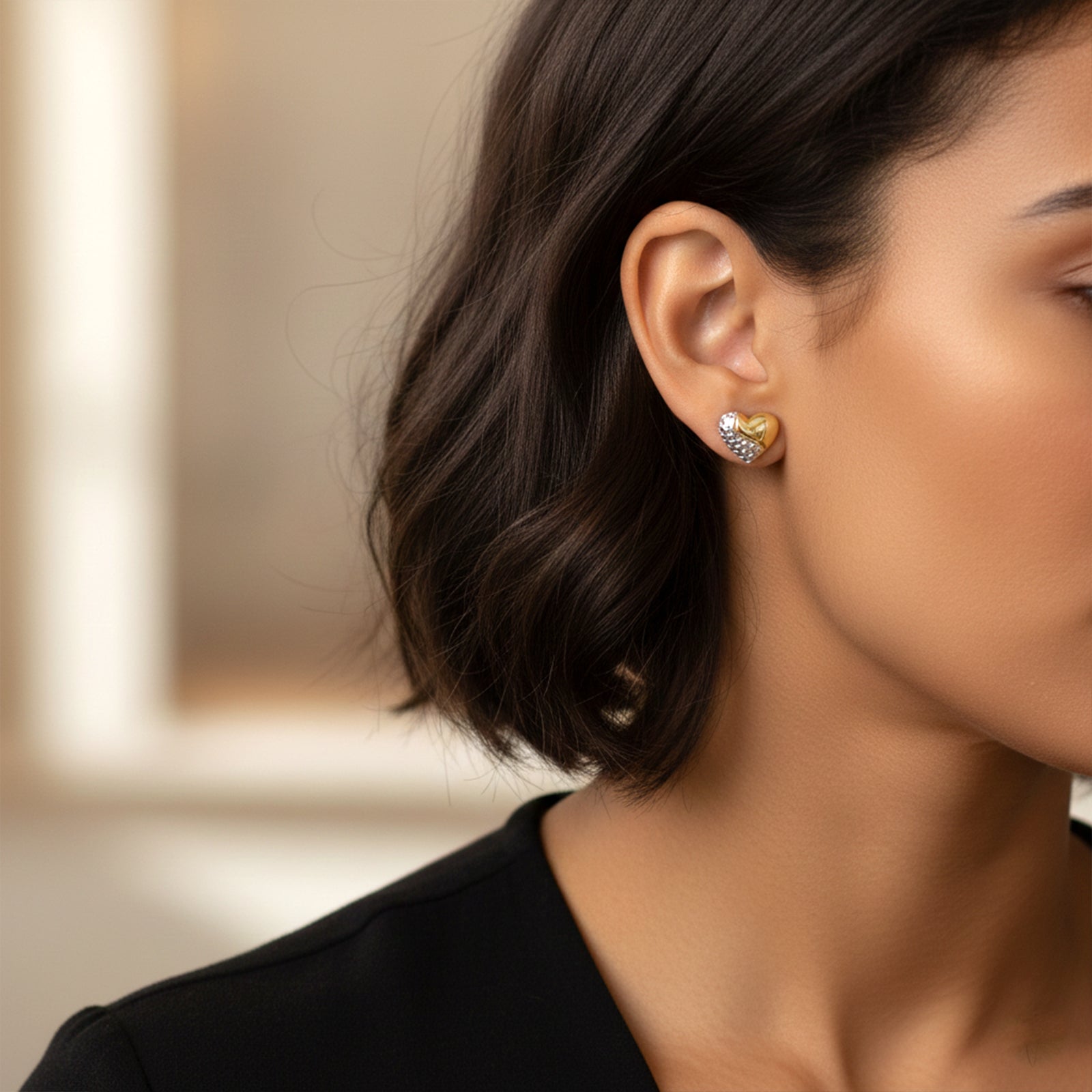 18k Gold Dual-Tone Heart Stud Earrings | Solid Yellow & White Gold Heart Jewelry for Women