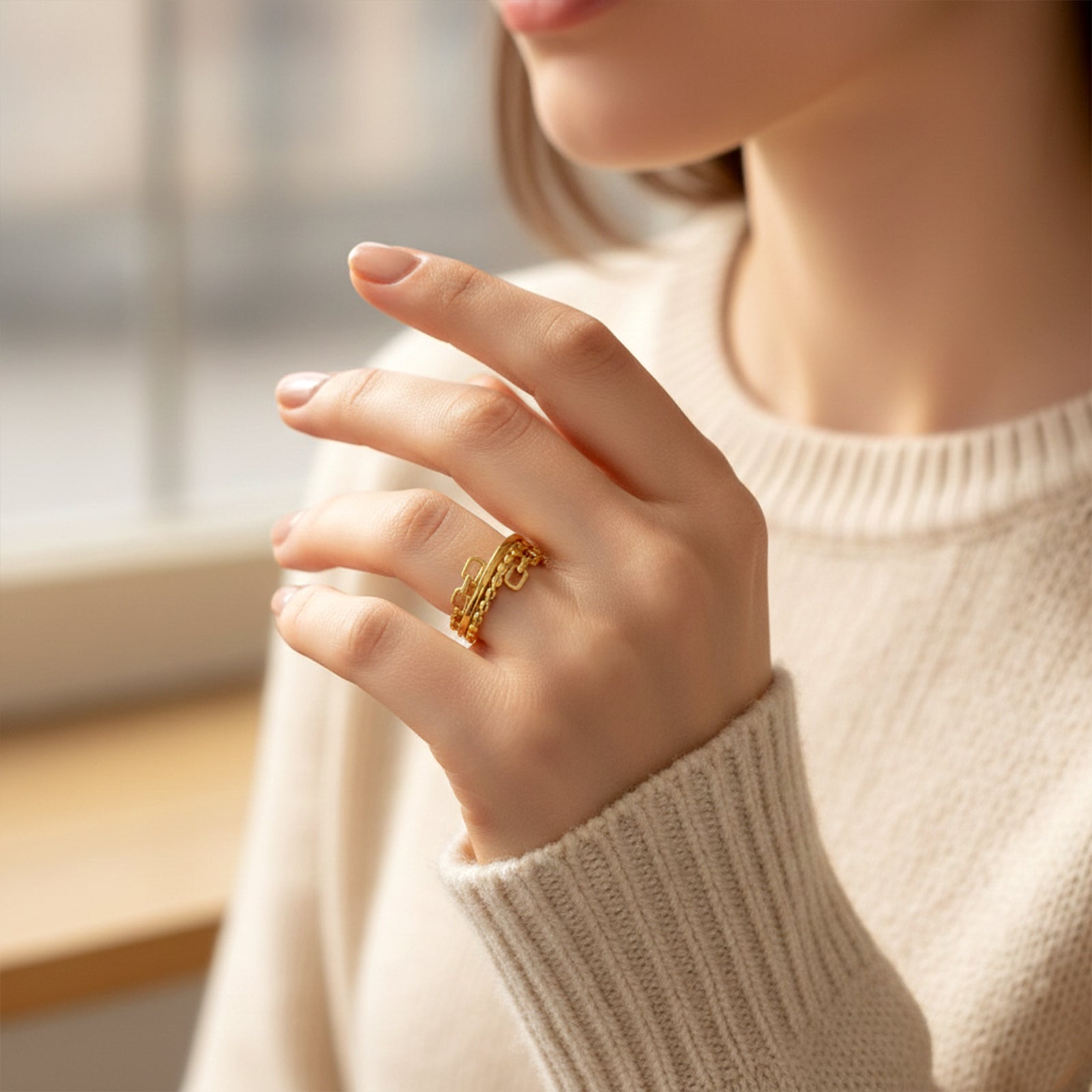 18k Solid Gold Multi-Band Chain Ring | Textured Stacked Statement Ring