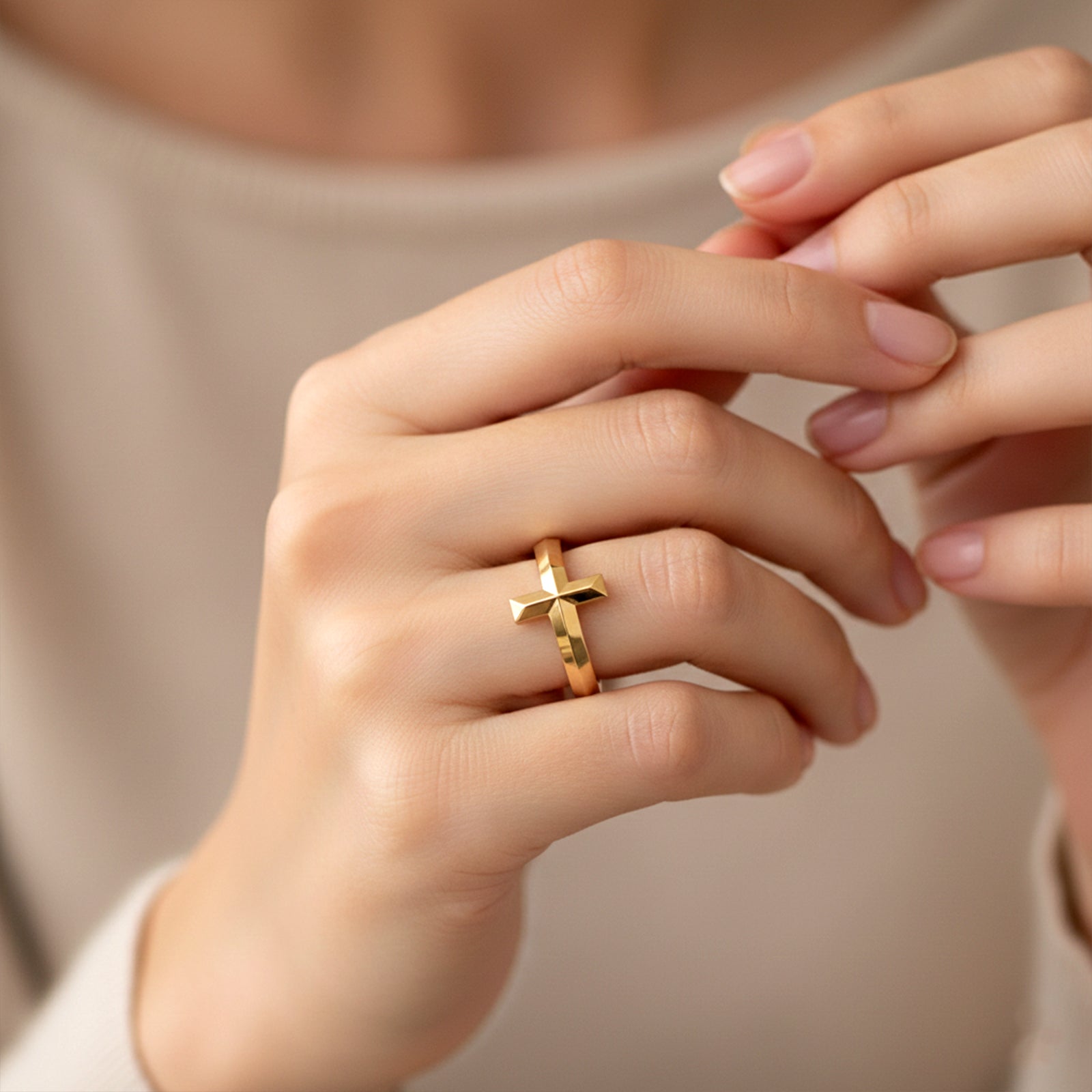 18K Solid Gold Geometric Cross Ring | Minimalist Beveled Statement Jewelry for Women