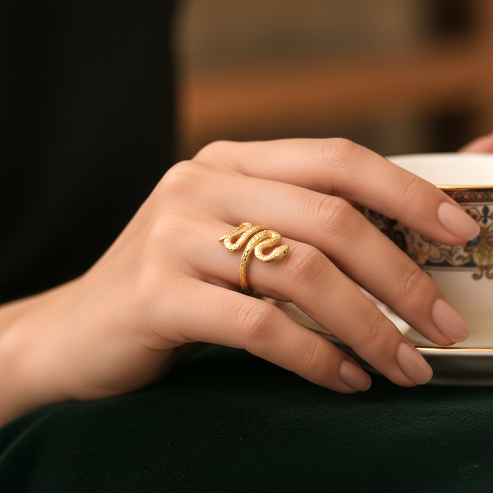 Handcrafted 18k Gold Snake Ring | Textured Serpentine Statement Jewelry