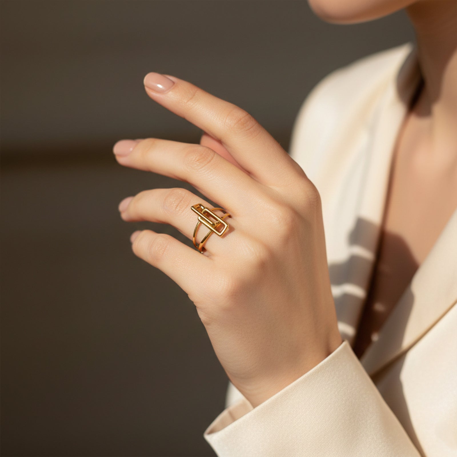 18k Solid Gold Geometric Rectangular Statement Ring | Minimalist Open Band Jewelry