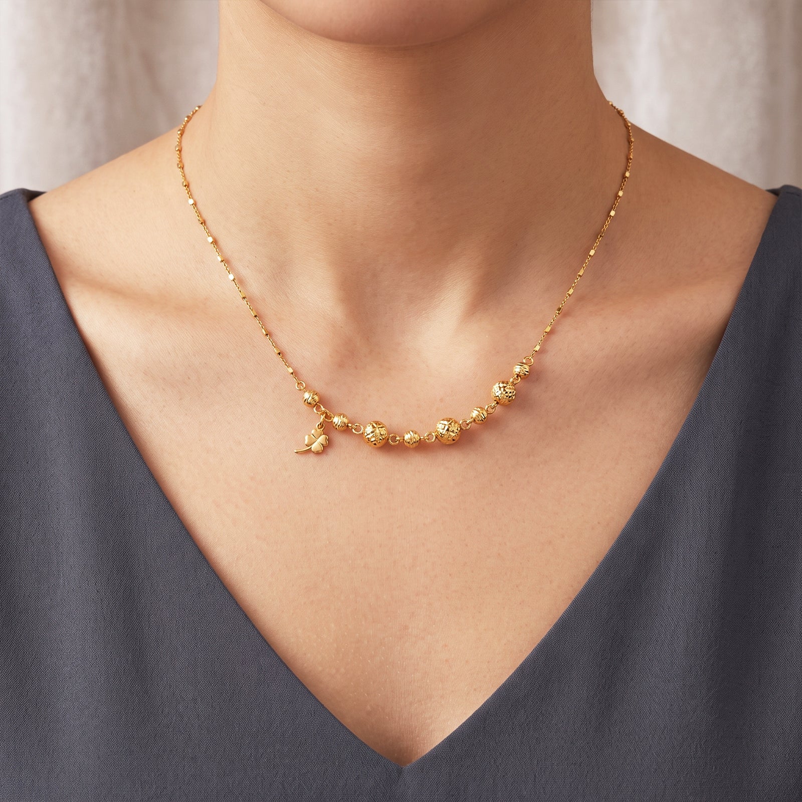 18K Gold Clover & Diamond-Cut Bead Chain Necklace | Fine Jewelry