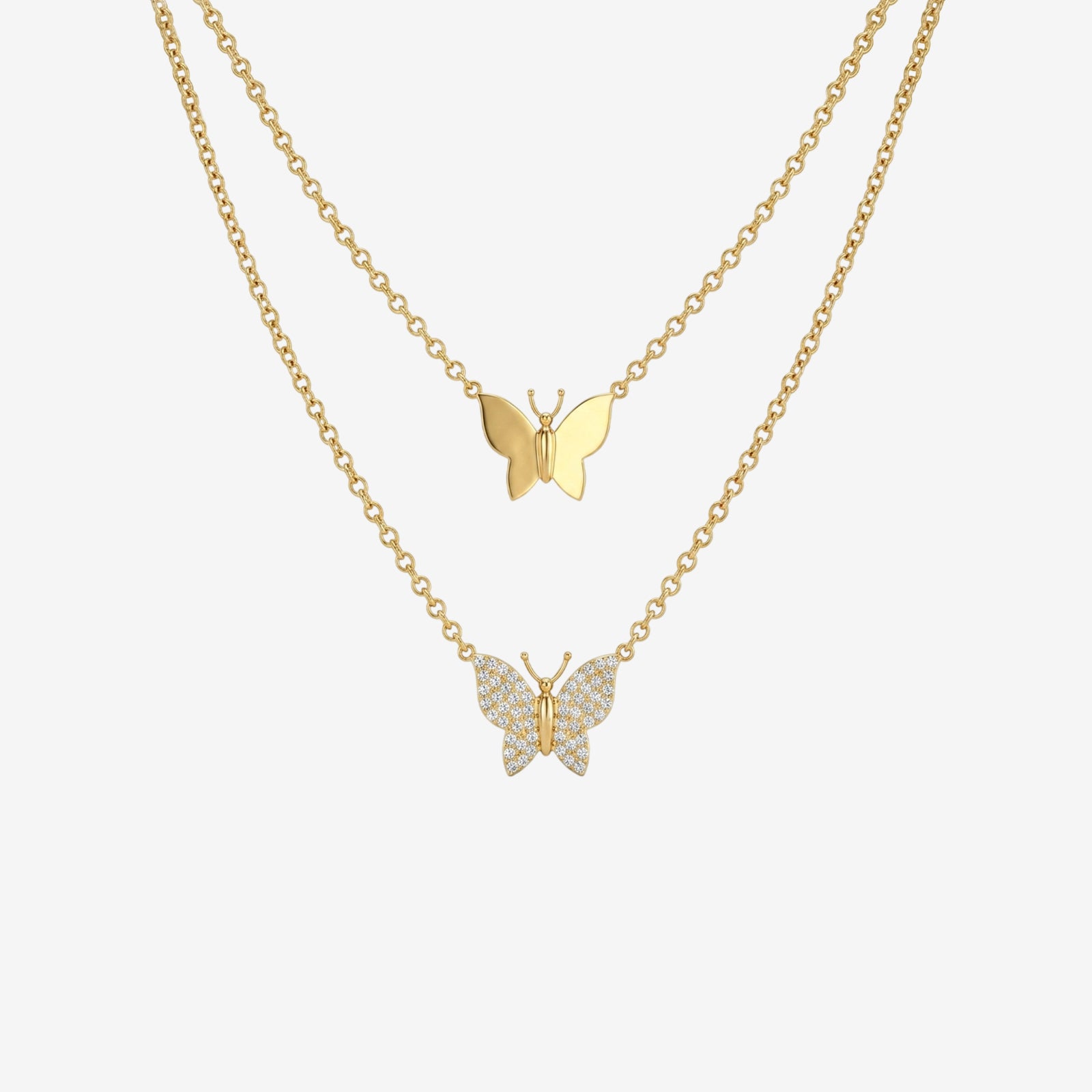 18K Gold Double Layer Butterfly Diamond Necklace | Layered Butterfly Pendant
