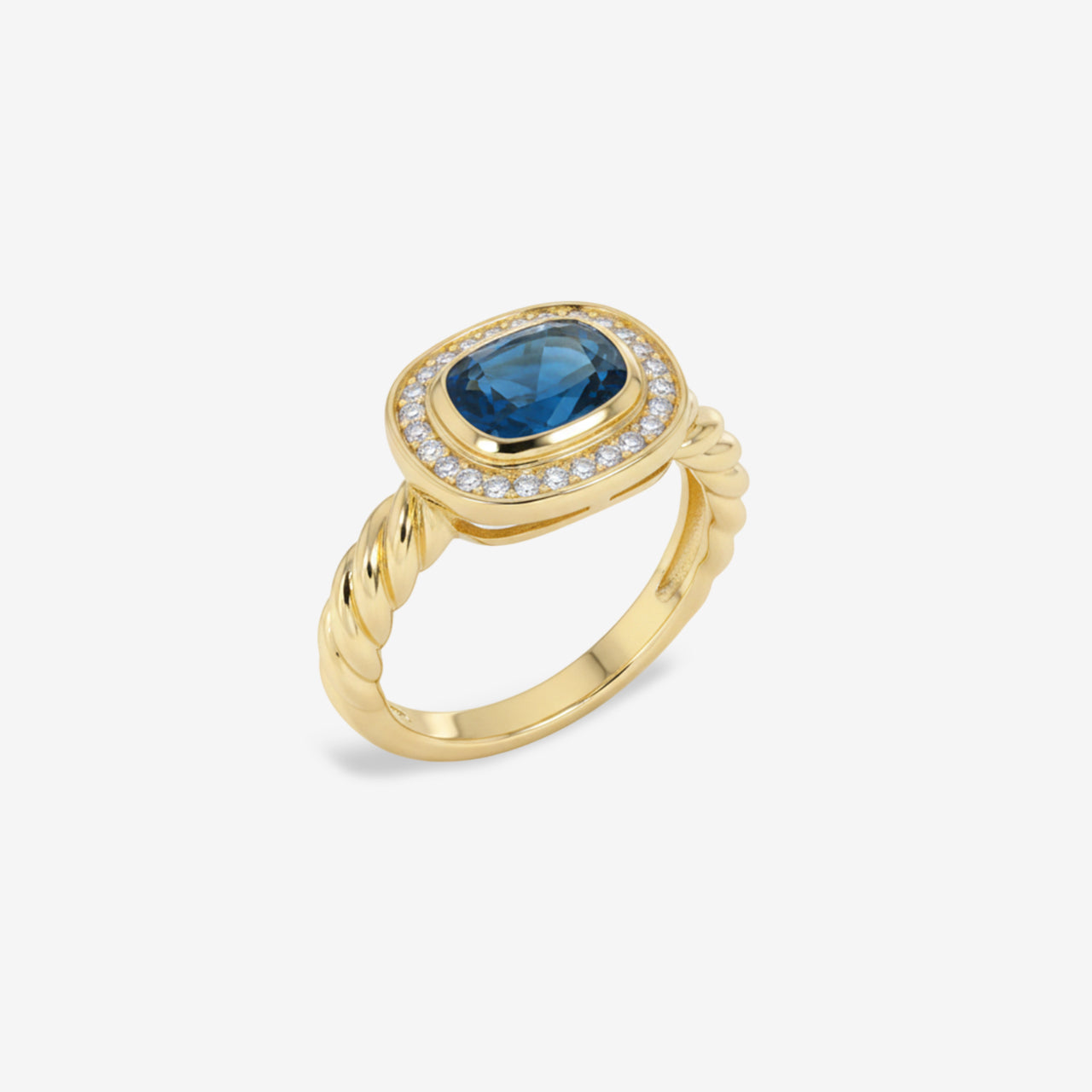 Personalized Birthstone Ring | 18K Gold Rope Band | Birthstone & Diamond Halo Ring