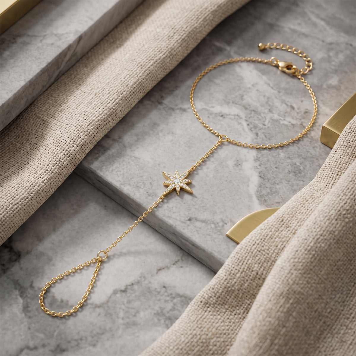 18k Gold North Star Diamond Hand Chain Bracelet | Celestial Finger Bracelet