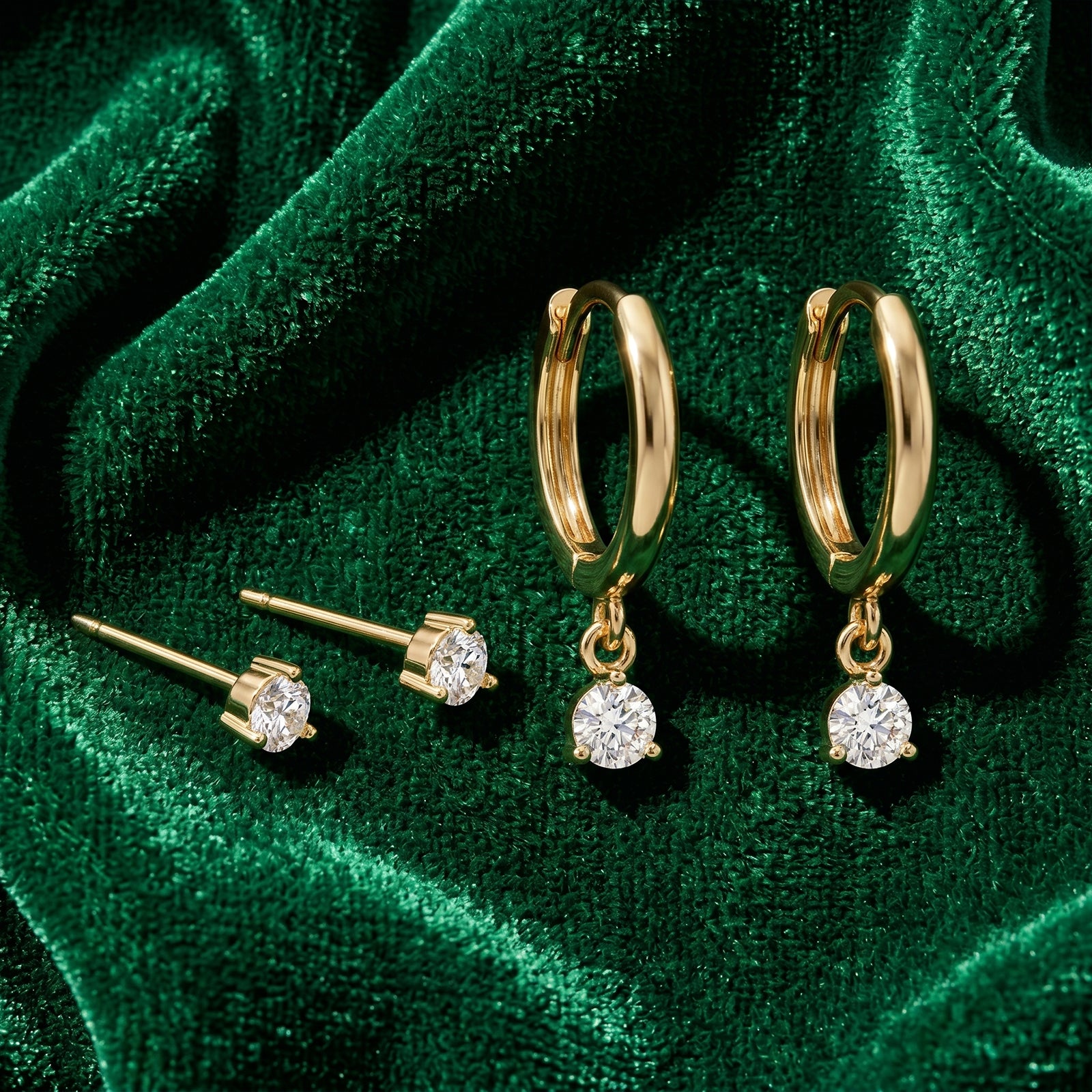18k Gold Diamond Huggie Hoop & Stud Earring Set | Solid Gold Stack