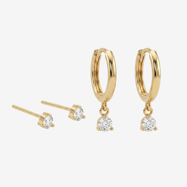 18k Gold Diamond Huggie Hoop & Stud Earring Set | Solid Gold Stack