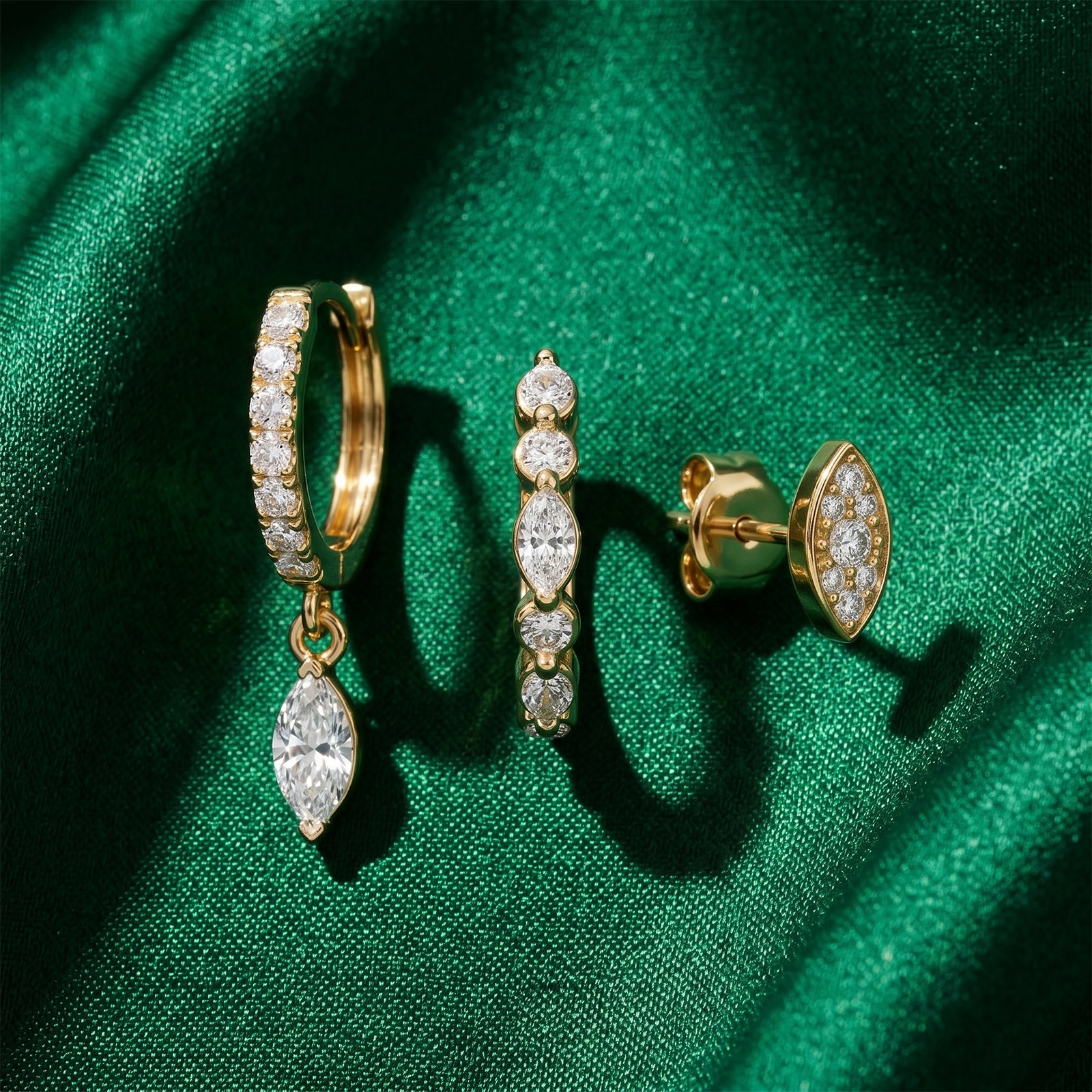 Celestial Marquise Diamond Earring Set | 18k Solid Gold Trio