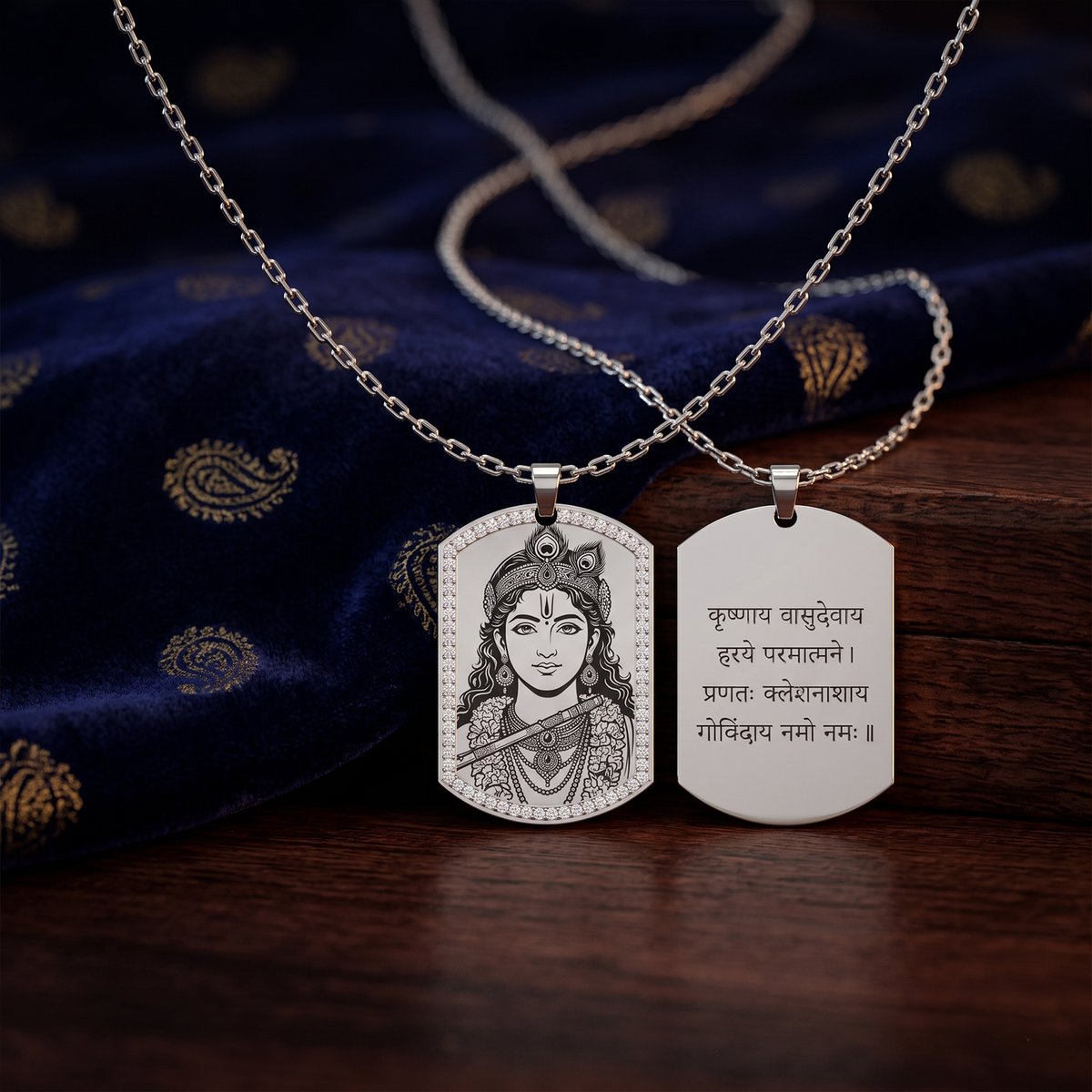 18K Gold Lord Krishna Pendant Necklace with Krishna Pranama Mantra | Diamond Frame Religious Jewelry