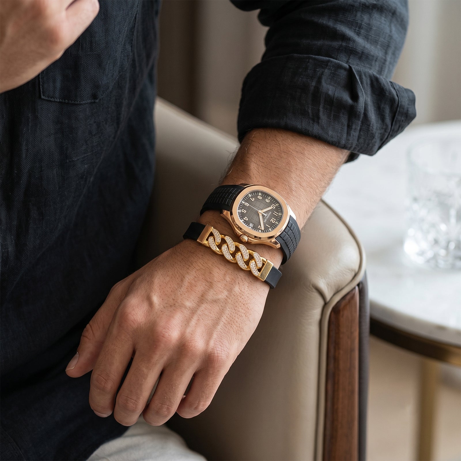18K Gold Cuban Link Men's Black Rubber Strap Bracelet | Luxury Men's Jewelry