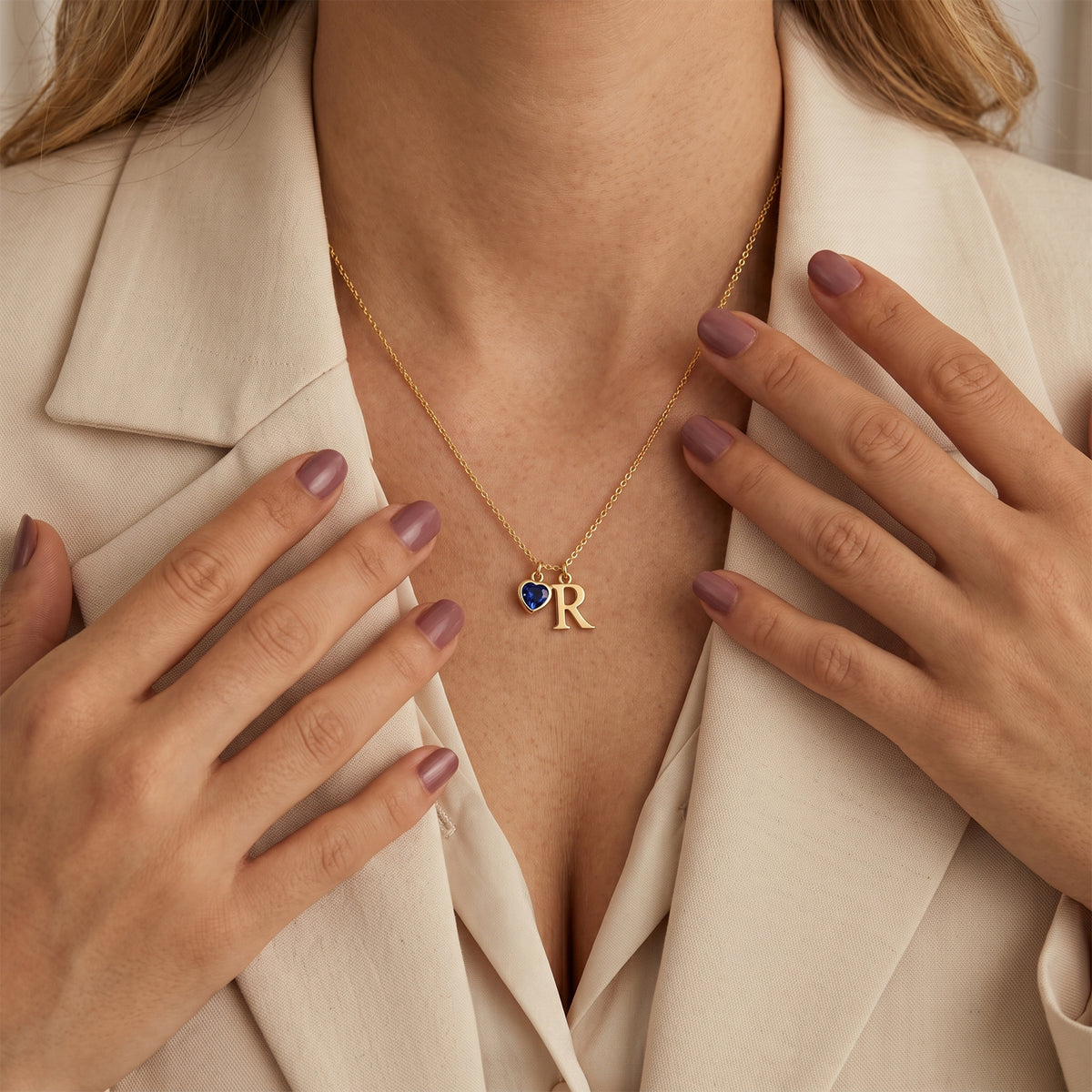 18K Gold Initial Pendant Necklace with Heart Shaped Birthstone | Fine Personalized Jewelry