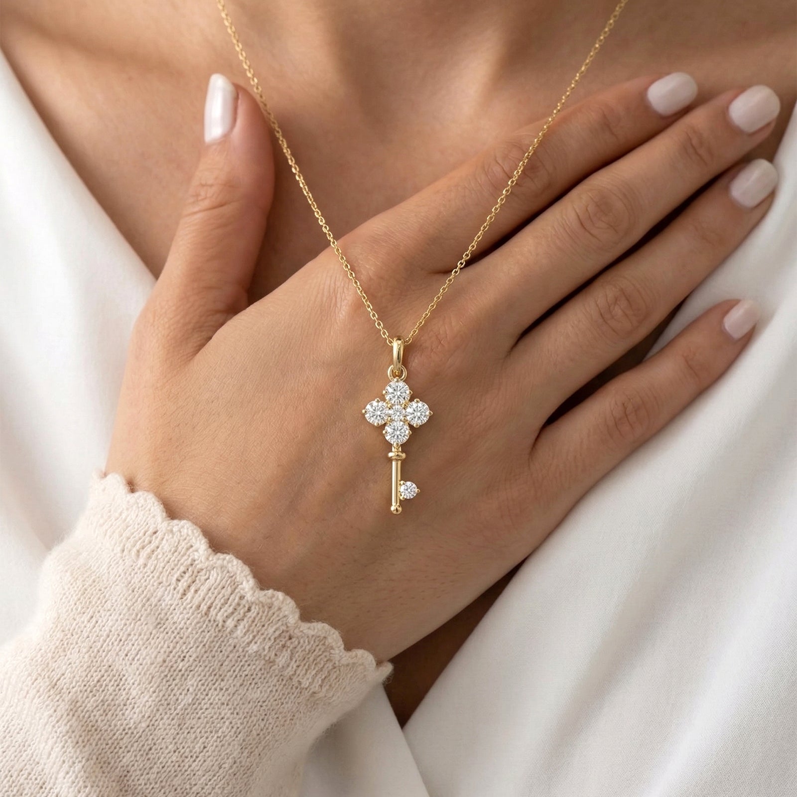 18K Gold Diamond Clover Key Pendant Necklace | Solid Gold Key to My Heart Jewelry