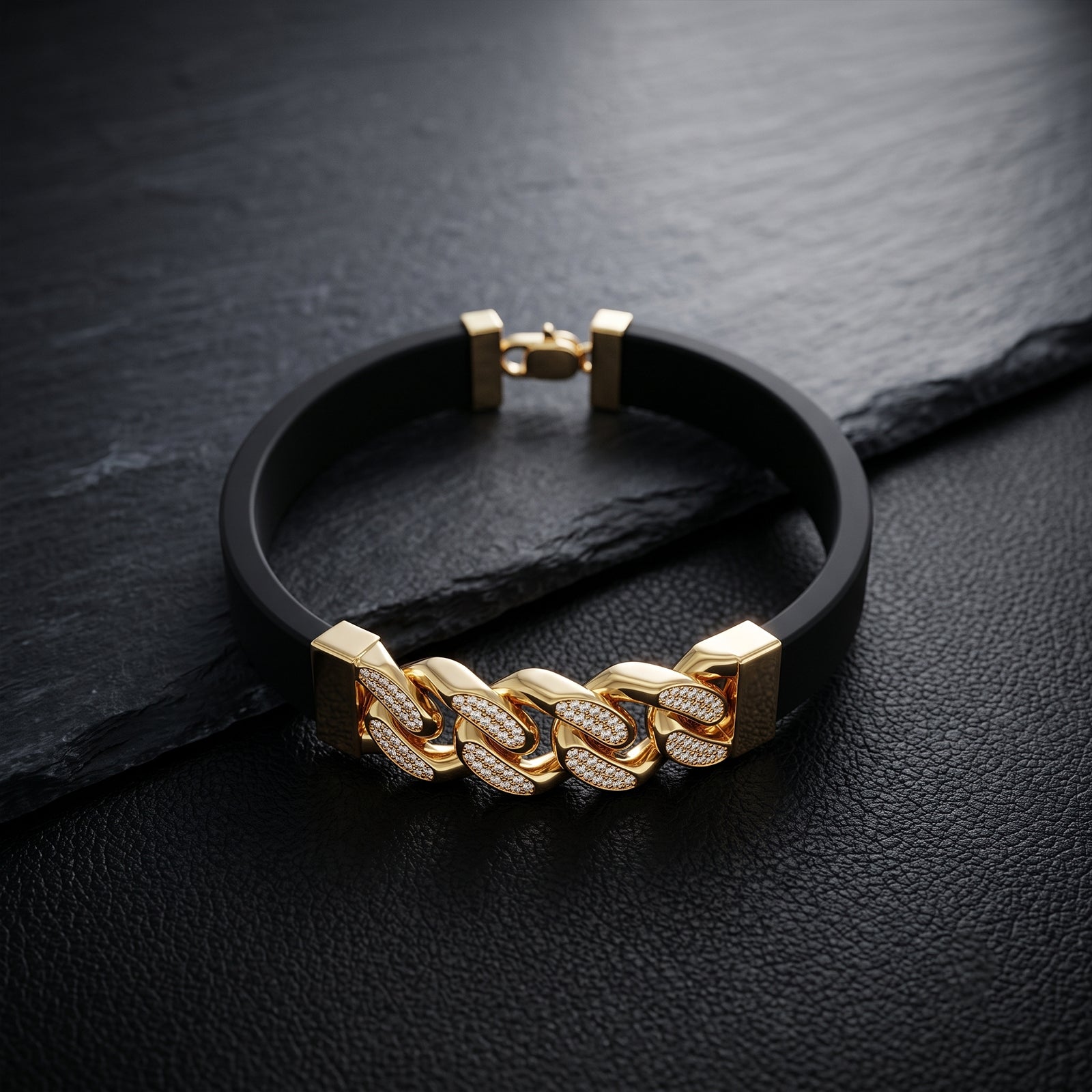 18K Gold Cuban Link Men's Black Rubber Strap Bracelet | Luxury Men's Jewelry