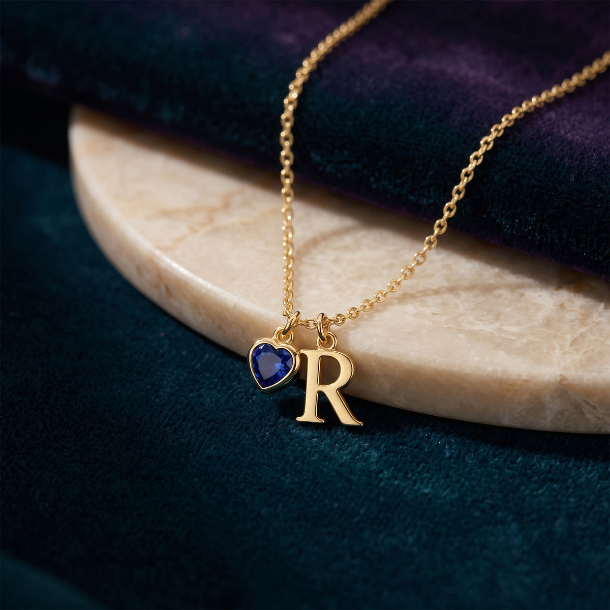 18K Gold Initial Pendant Necklace with Heart Shaped Birthstone | Fine Personalized Jewelry