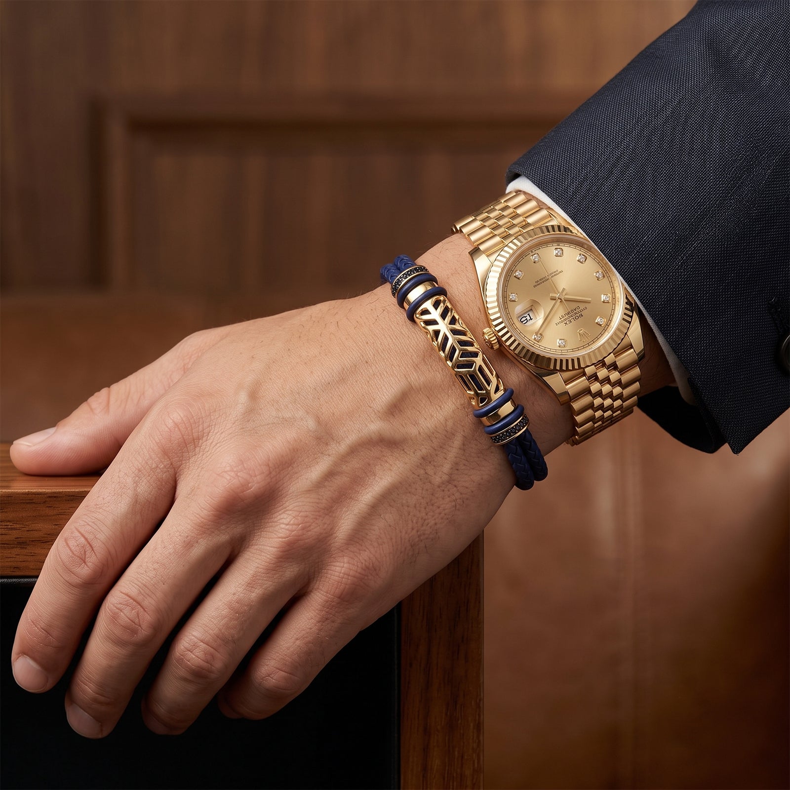 Men’s 18K Gold & Blue Woven Leather Bracelet | Handcrafted Luxury Black Spinel Cuff