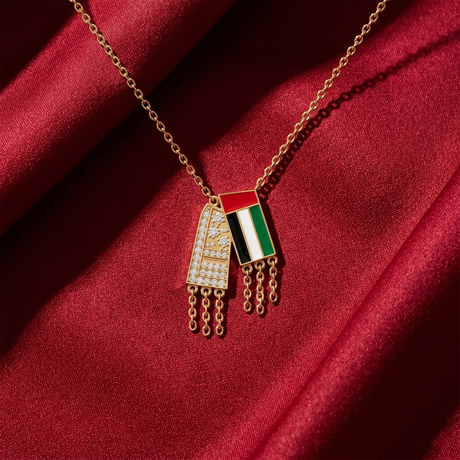 18k Gold UAE Flag Inspired Necklace | Diamond and Enamel Tribute to National Pride