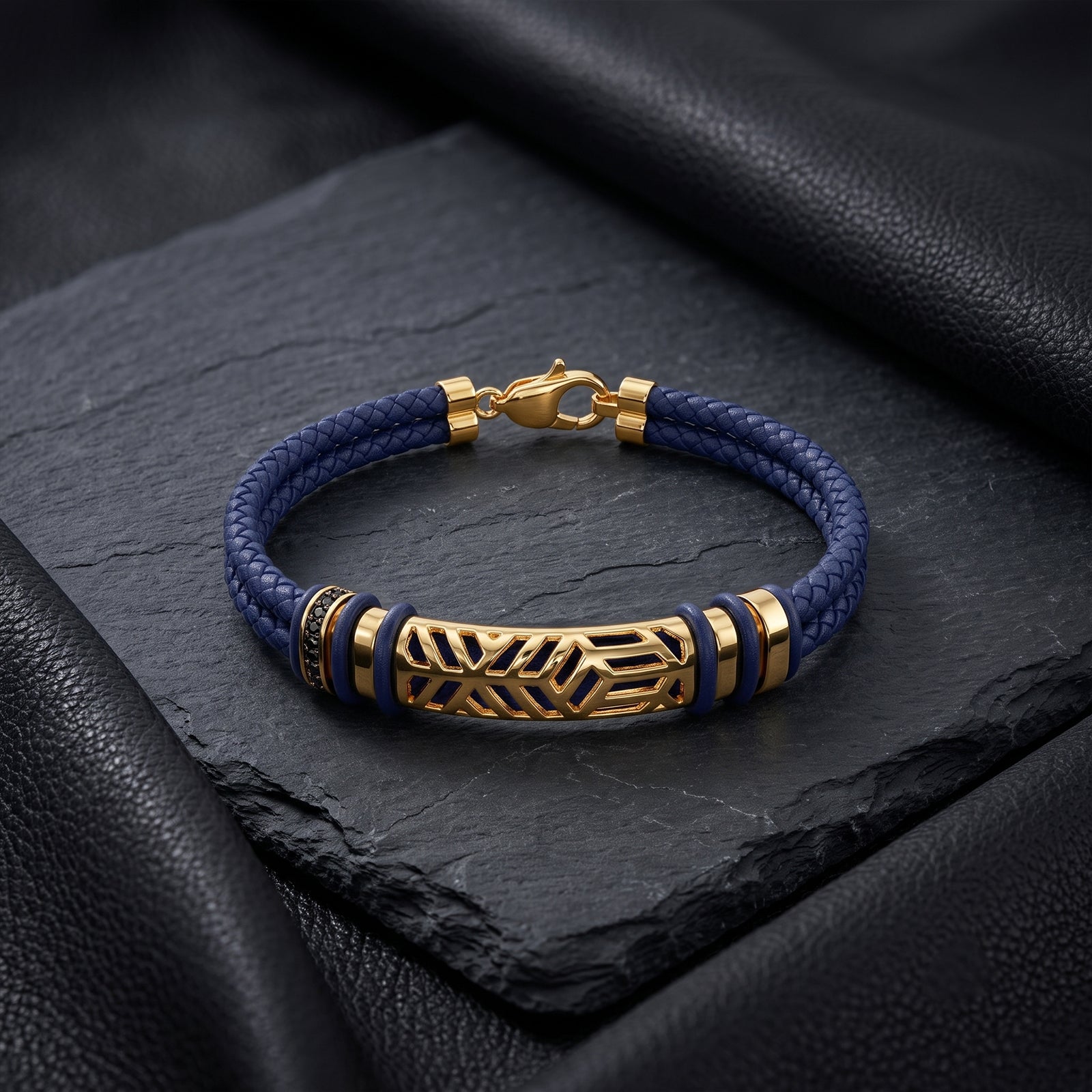 Men’s 18K Gold & Blue Woven Leather Bracelet | Handcrafted Luxury Black Spinel Cuff