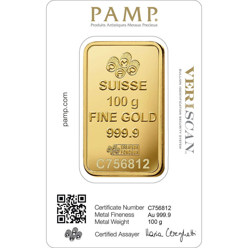 100g SUISSE PAMP GOLD BAR – 24K (999.9) PURE GOLD - SEALED & CERTIFIED
