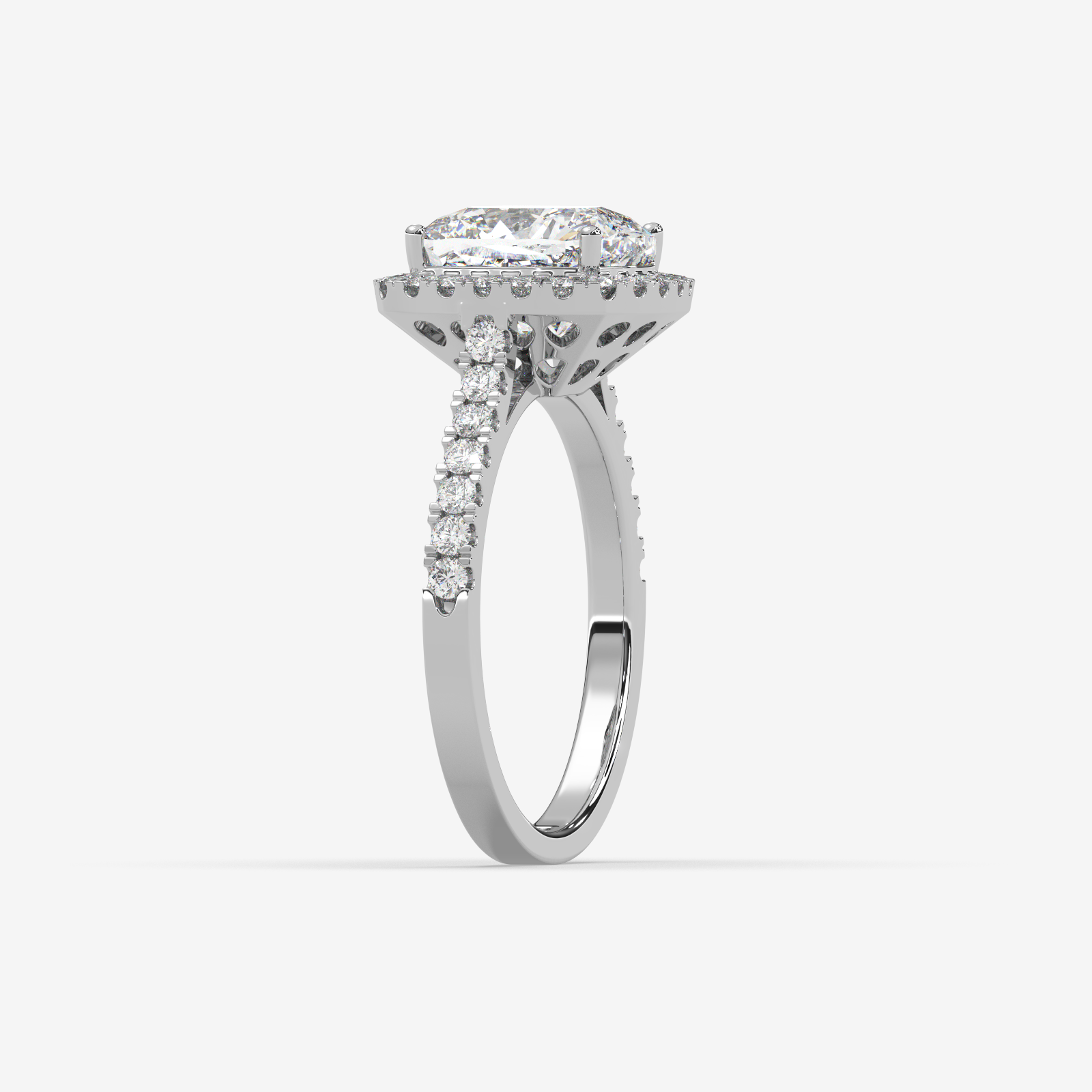 18k Gold Cushion Cut Halo Diamond Engagement Ring | Pave Set Band