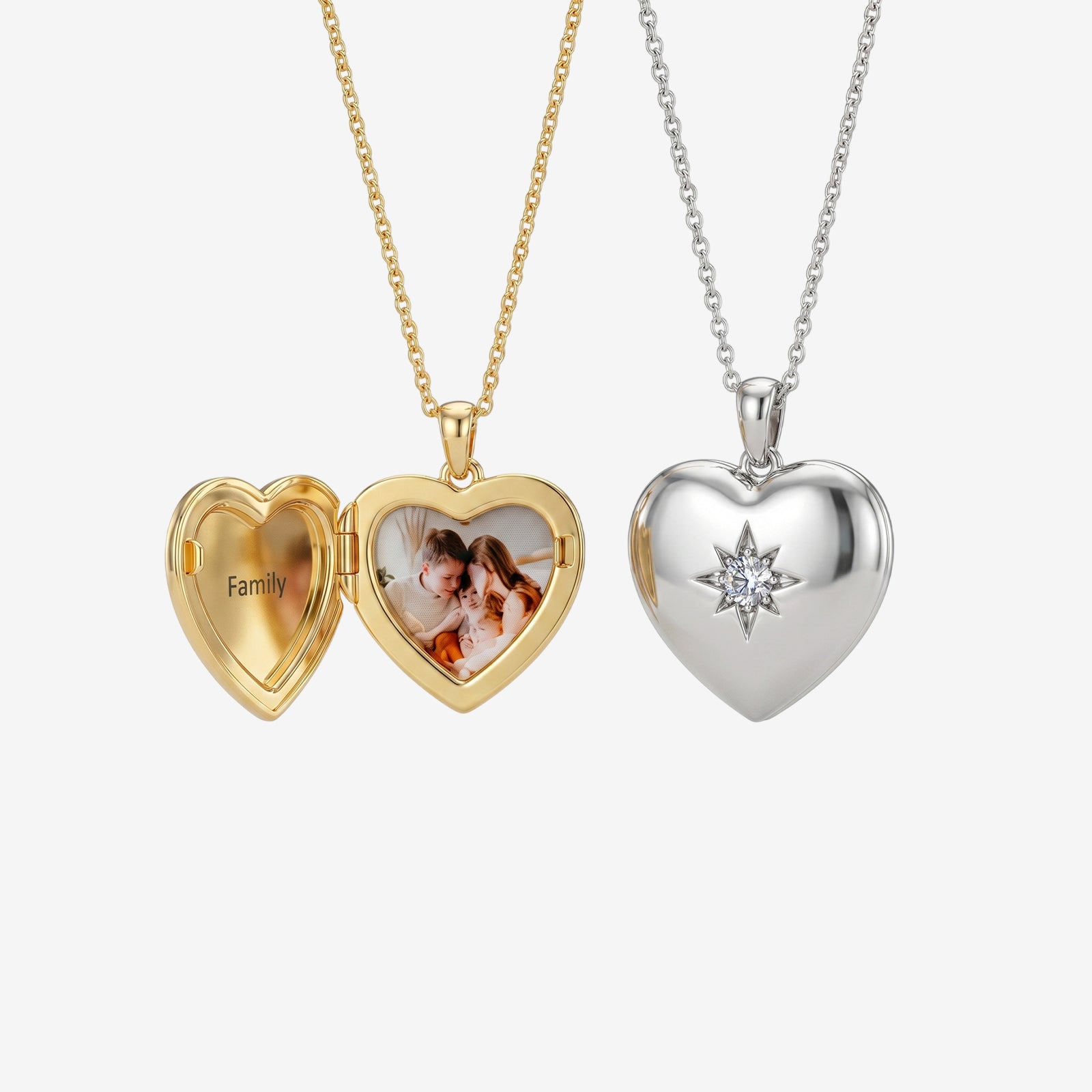 18K Gold Starburst Diamond Heart Locket Necklace | Personalized Photo Charm