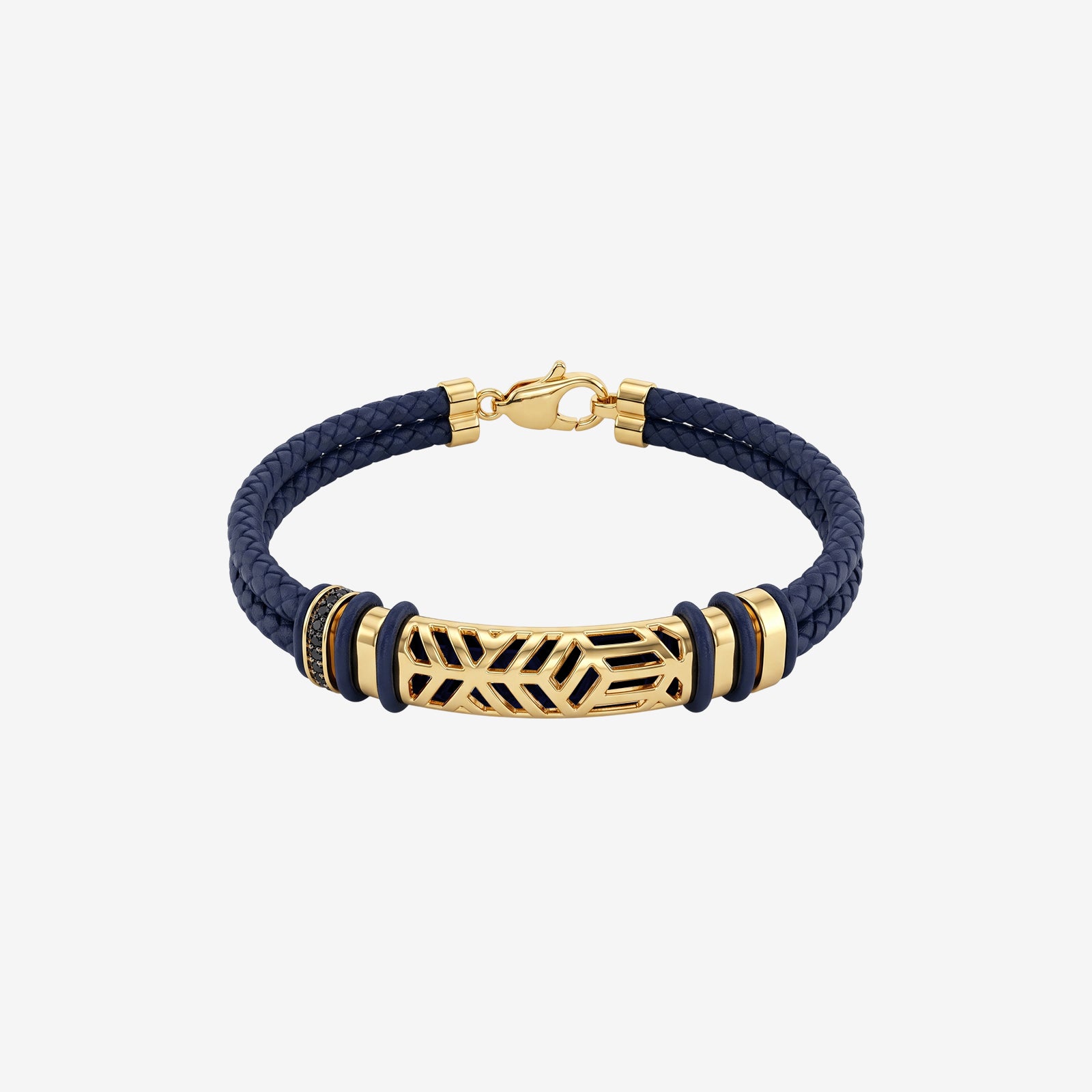 Men’s 18K Gold & Blue Woven Leather Bracelet | Handcrafted Luxury Black Spinel Cuff