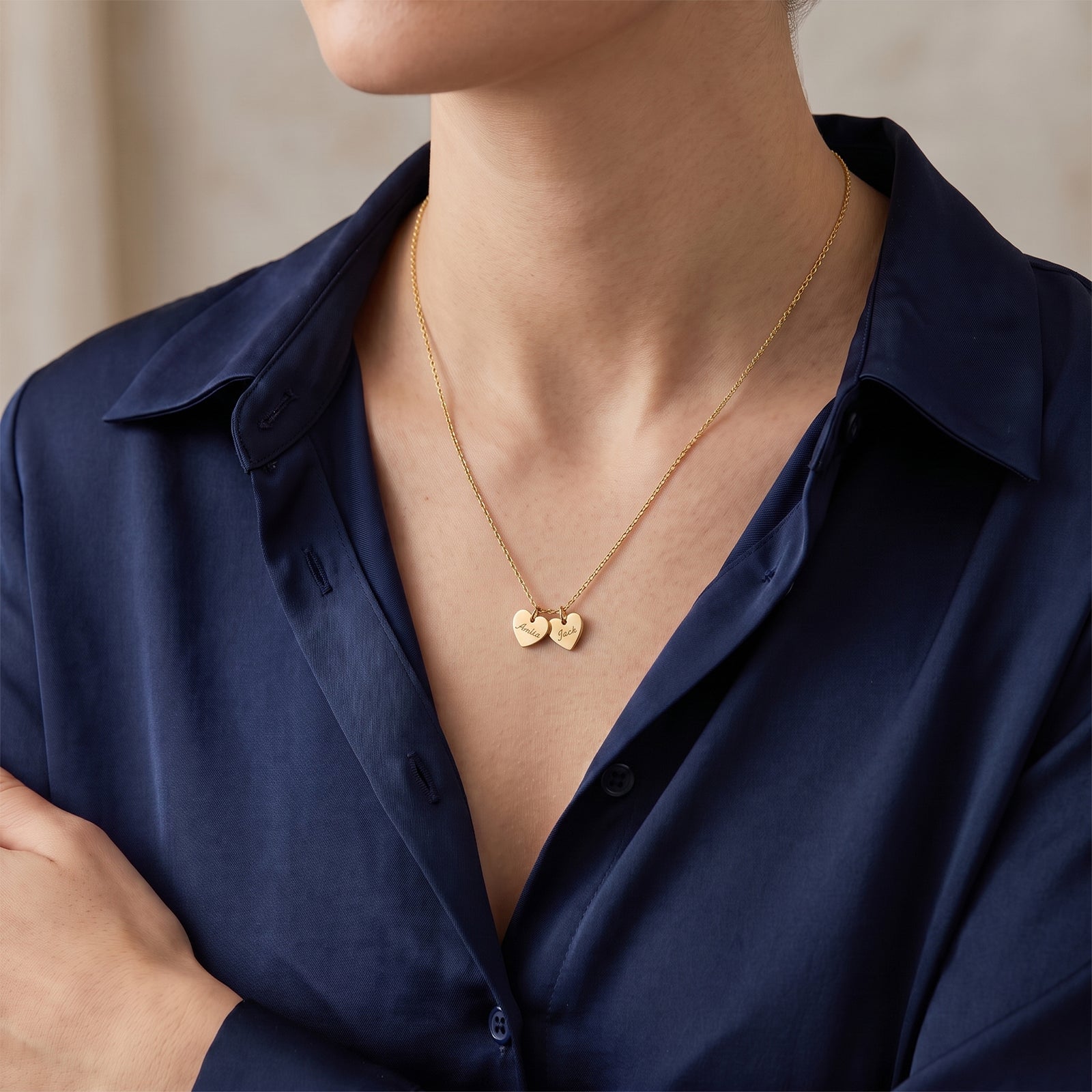 Personalized Double Heart Name Necklace in 18K Solid Gold | Engraved Fine Jewellery Gift